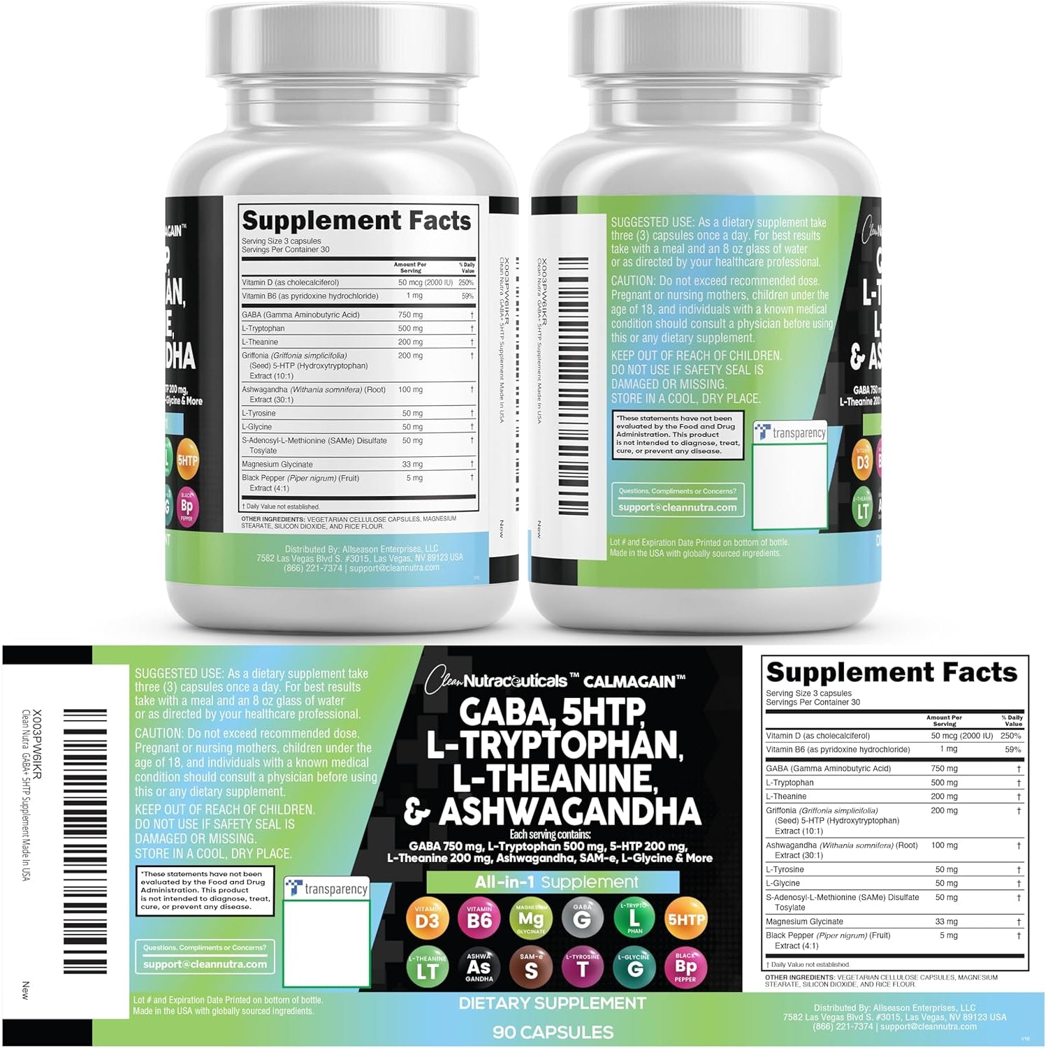 Clean Nutraceuticals CALMAGAIN All-in-One Mood & Stress Support – 60 Capsules | Calcium, Magnesium & Advanced Adaptogen Blend | Calm, Sleep & Relaxation