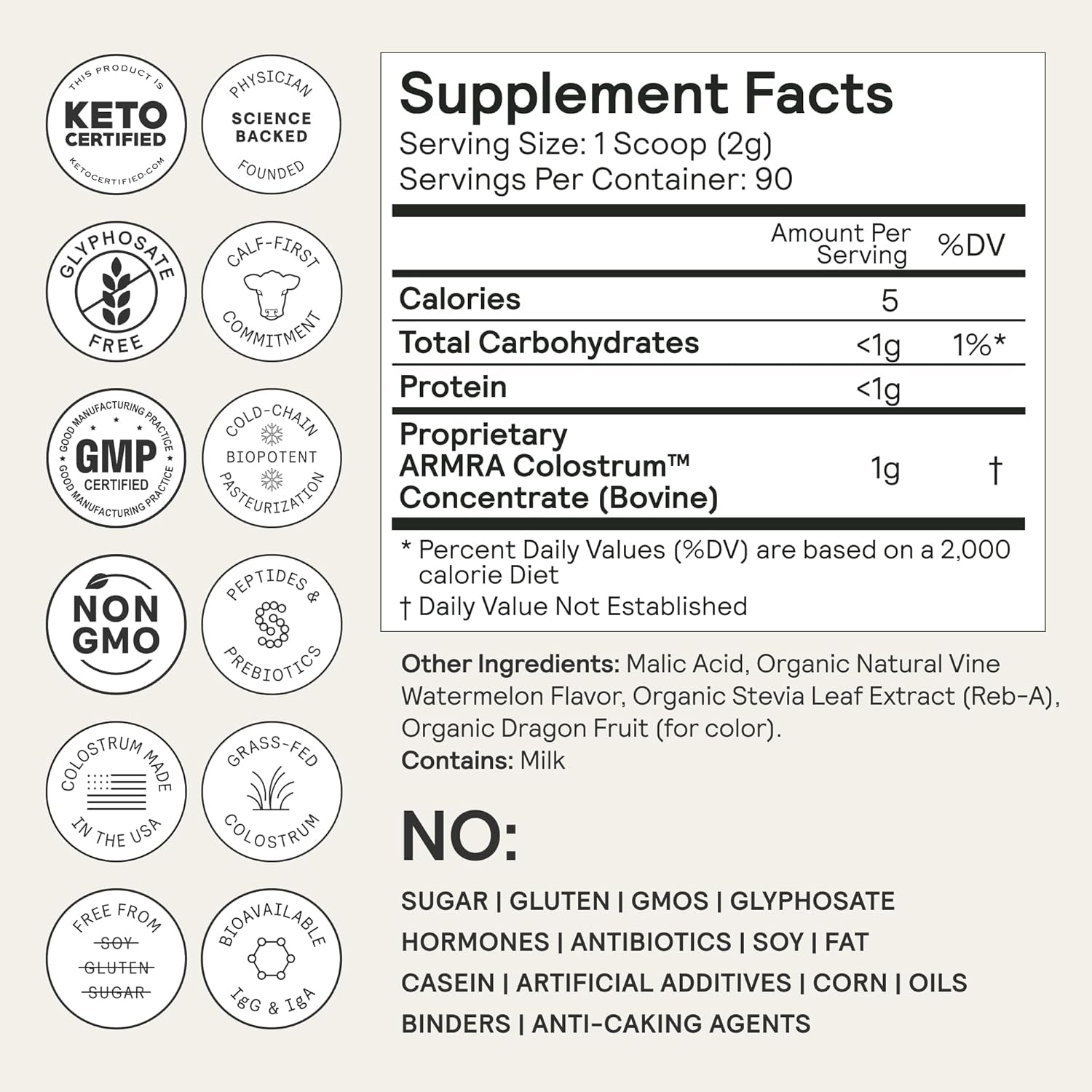 ARMRA Colostrum Powder Vine Watermelon – Gut Health, Immunity & Skin Support | Bovine Colostrum Concentrate | 400+ Bioactives | Keto & Gluten Free | 90 Servings