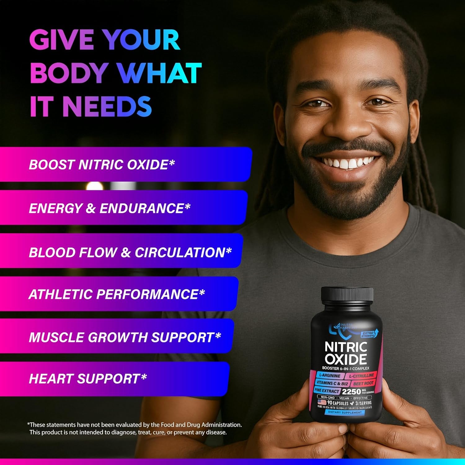 NUTRAHARMONY Nitric Oxide Supplement for Women — 60 Capsules | 2,250mg Blend for Circulation, Energy & Endurance Support