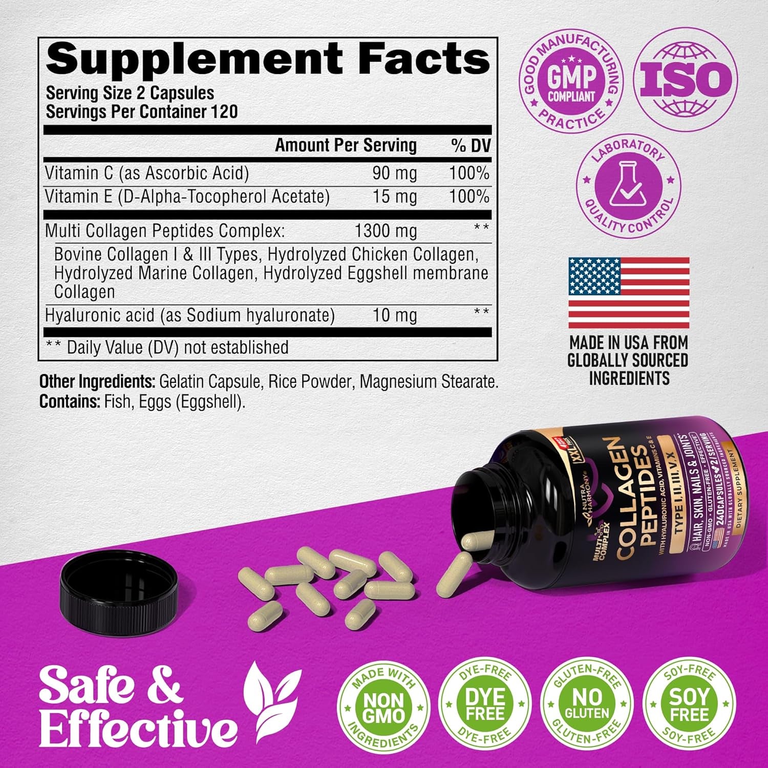 NutraHarmony Multi Collagen Peptides – 240 Capsules | Types I, II, III, V & X | Hyaluronic Acid, Vitamins C & E | Skin, Hair, Nails & Joint Support