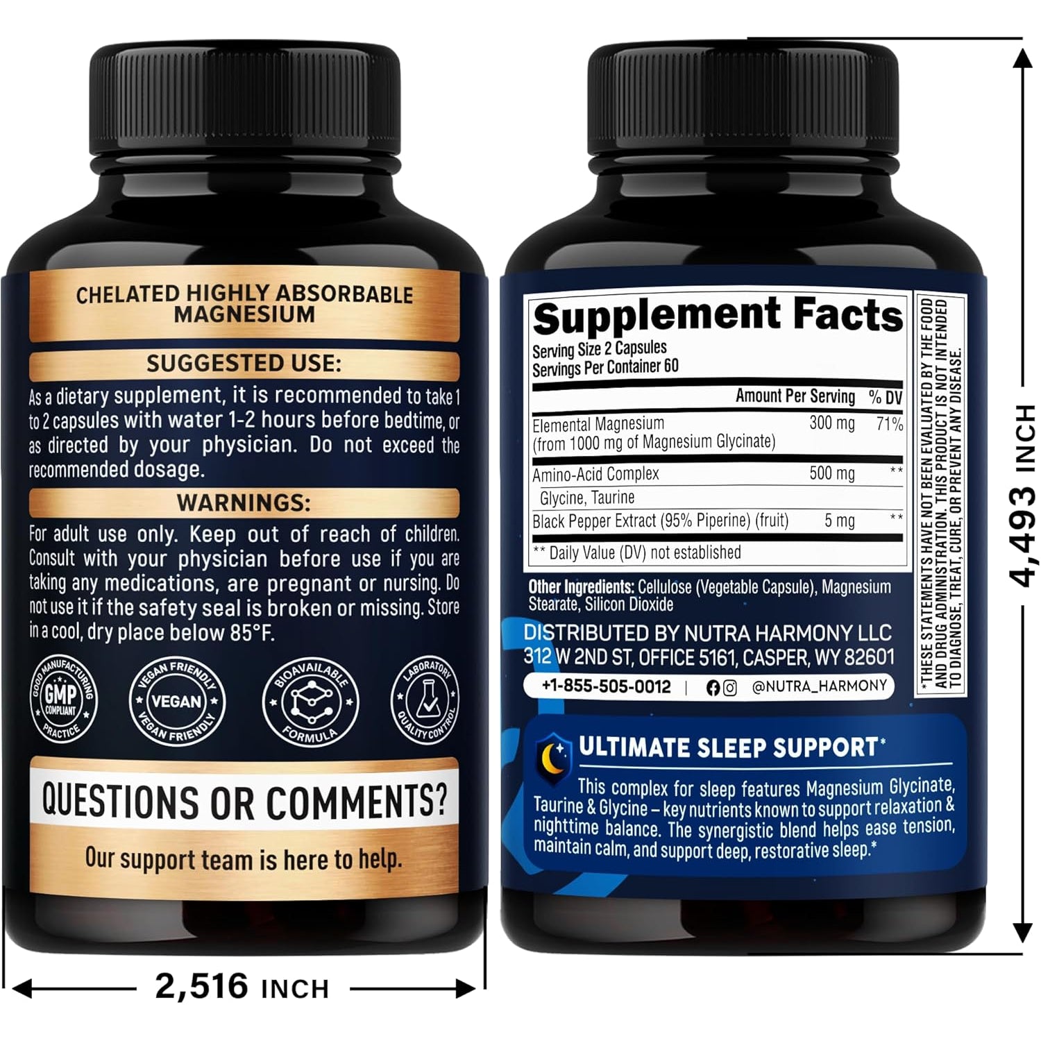 NUTRAHARMONY Magnesium Glycinate 500mg — 60 Capsules | High-Absorption Magnesium for Sleep, Relaxation & Muscle Recovery