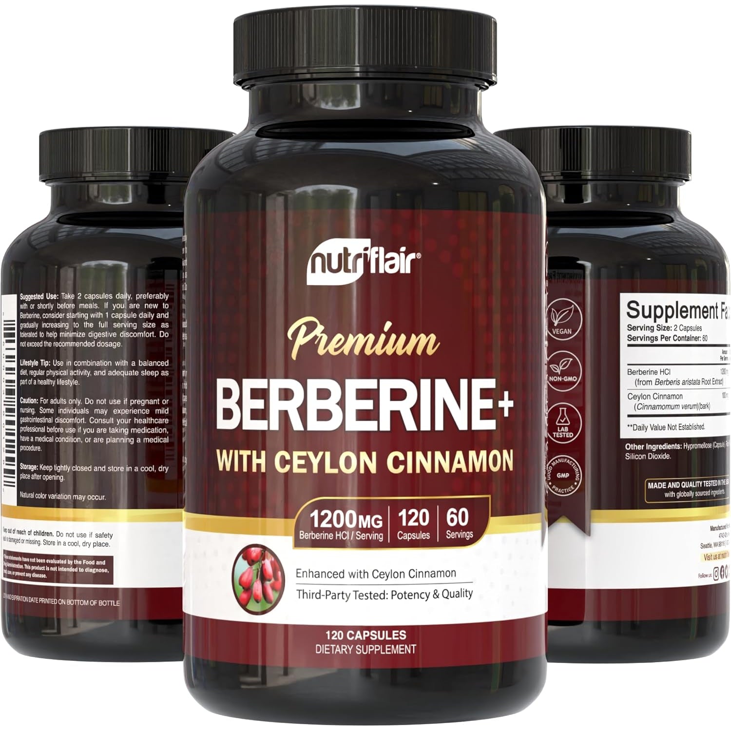 Nutriflair Berberine Hcl 1200Mg, 120 Capsules - plus Ceylon Cinnamon, Berberine HCI Root Supplements Pills - Made in USA