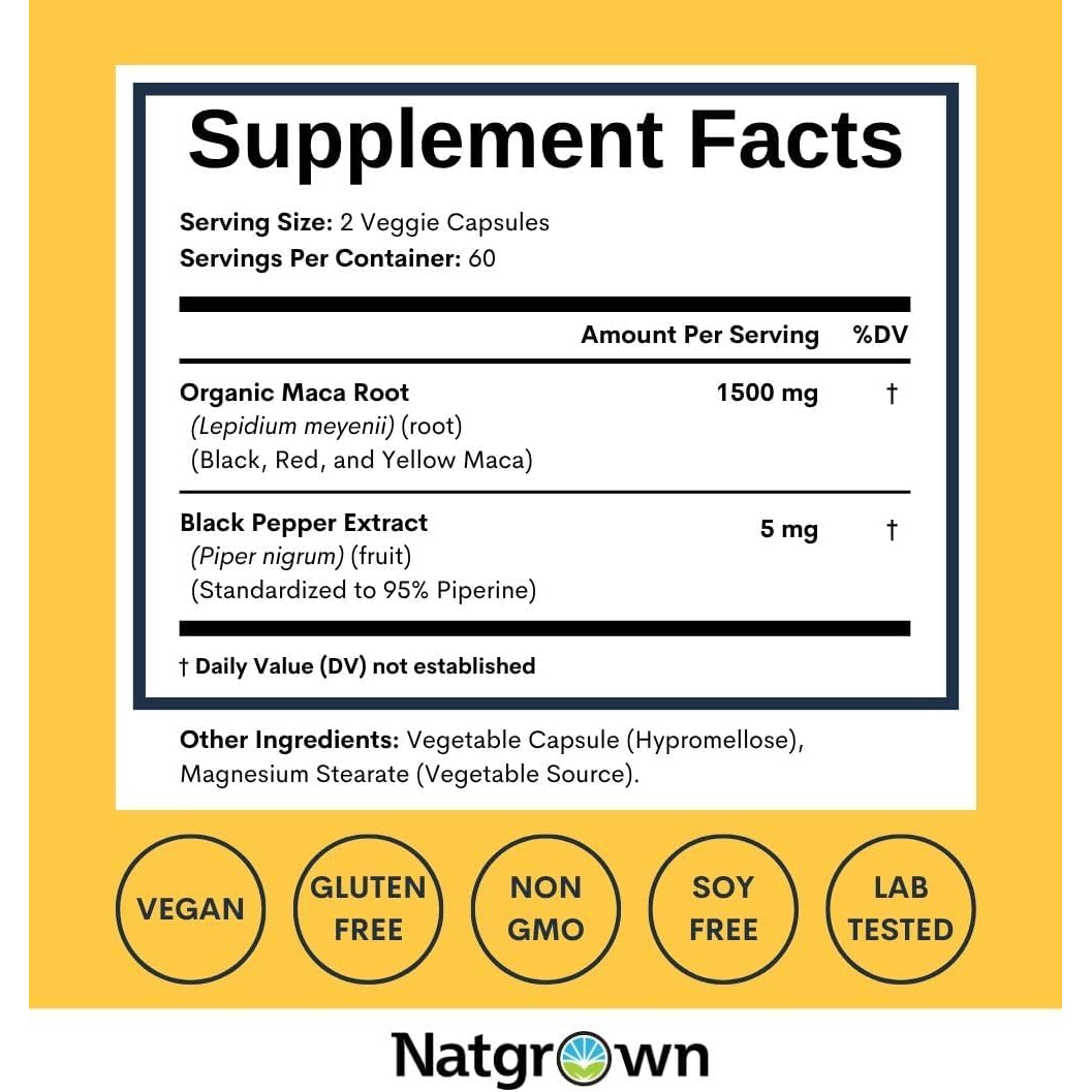 Natgrown Organic Maca Root 1500mg – Gelatinised Black, Red & Yellow Peruvian Maca | Non-GMO Vegan Gluten-Free | 120 Capsules