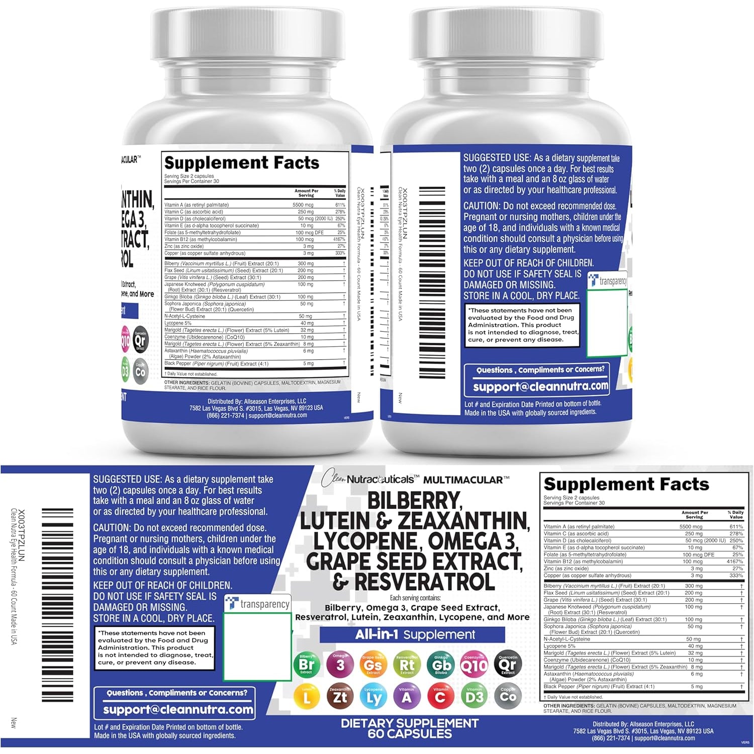 Clean Nutra Eye Vitamins with Bilberry Lutein and Zeaxanthin Supplements Lycopene 40Mg Resveratrol Grape Seed Astaxanthin for Eyes - Eye Care Health Support Eye Vitamin and Mineral Supplement