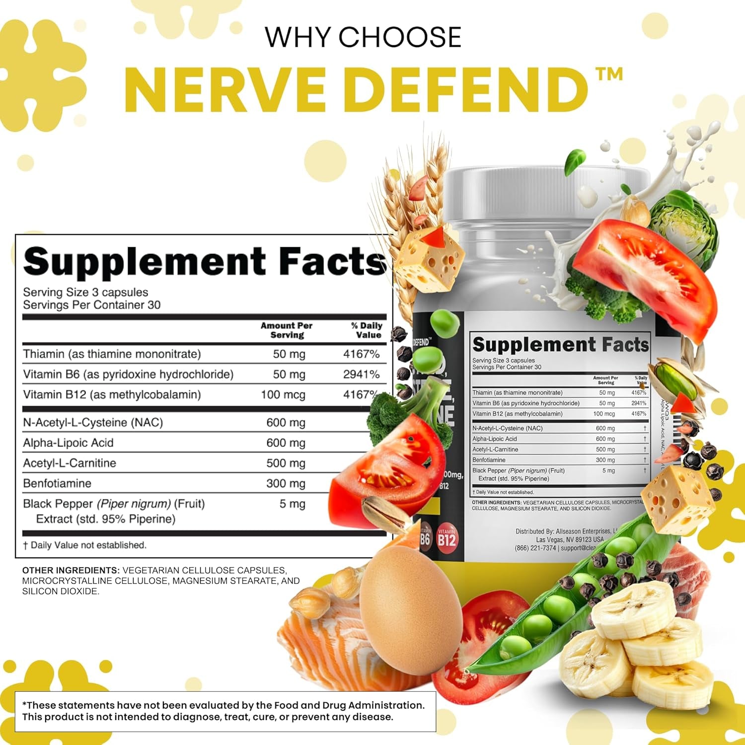 Clean Nutraceuticals Nerve Support Complex – 90 Capsules | Alpha Lipoic Acid 600mg, NAC 600mg, Acetyl L-Carnitine 500mg & Benfotiamine 300mg | Vitamins B1, B6 & B12