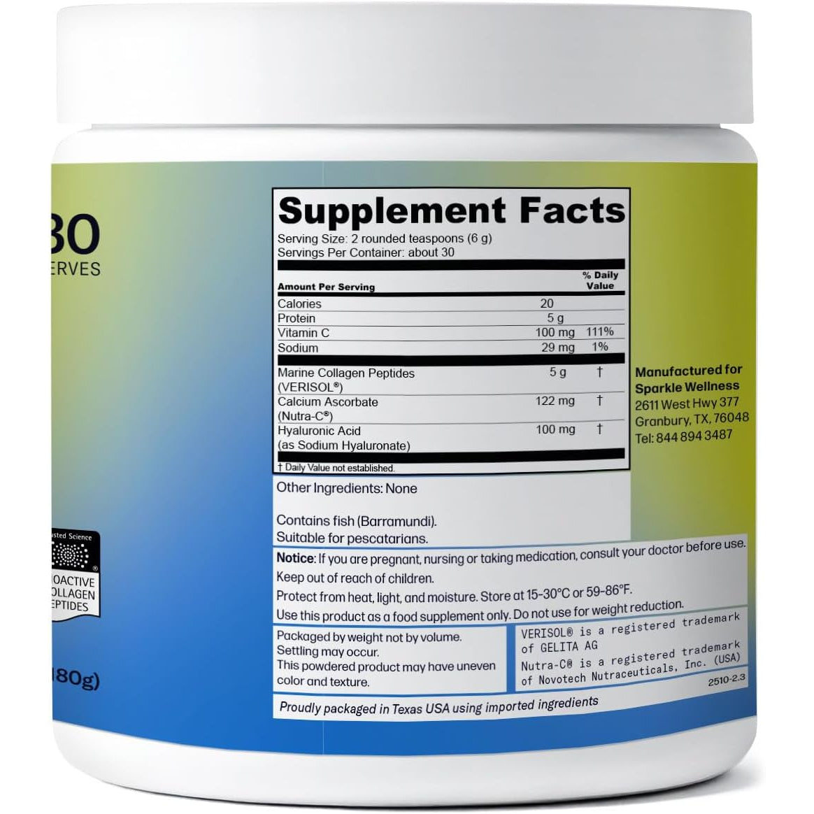 Sparkle Wellness Marine Skin Boost plus (No Flavor) [30-Serves] | Collagen Powder Supplement with Marine-Derived VERISOL Bioactive Hydrolyzed Collagen Peptides, Vitamin C & Hyaluronic Acid