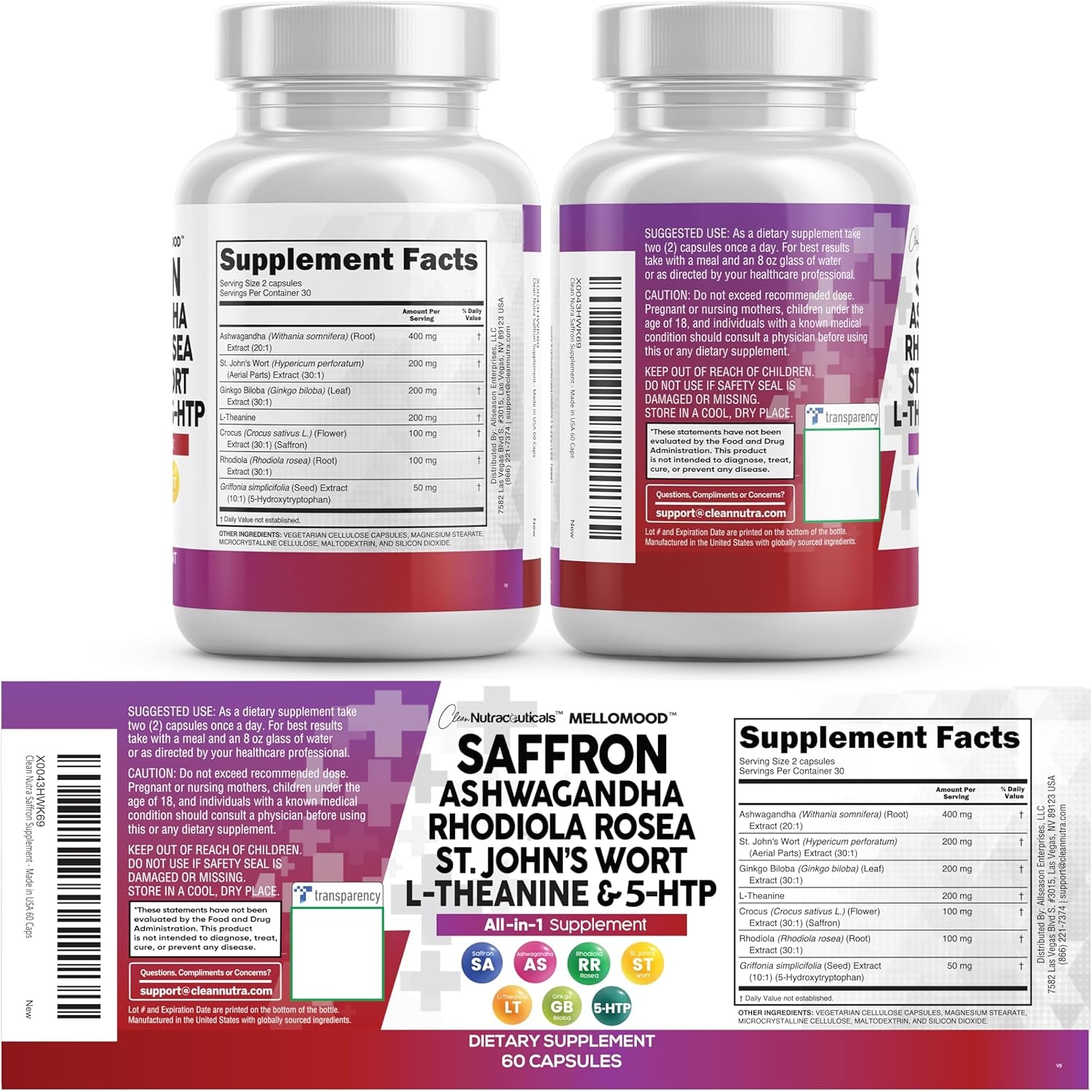 Clean Nutraceuticals Saffron Supplements Extract 100Mg + Ashwagandha L-Theanine 200Mg - Mood Support Ginkgo Biloba, St. John'S Wort, Rhodiola Rosea & 5-HTP Capsules Pills Men Women
