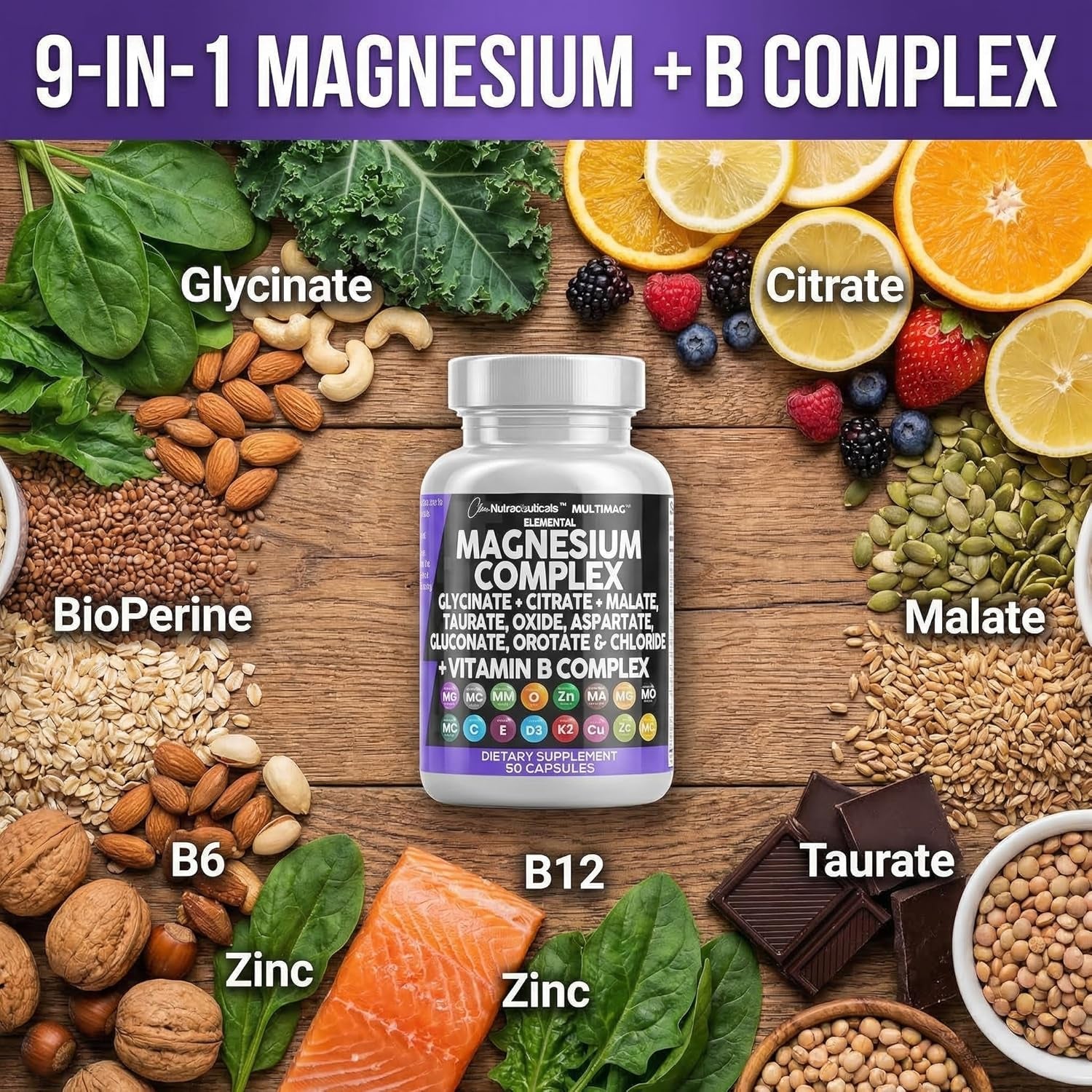 Clean Nutraceuticals 8-in-1 Magnesium Complex – 90 Capsules | Glycinate, Citrate, Malate & Orotate | Zinc, Copper, Manganese & Vitamins C, B1, B2, B6 & B12