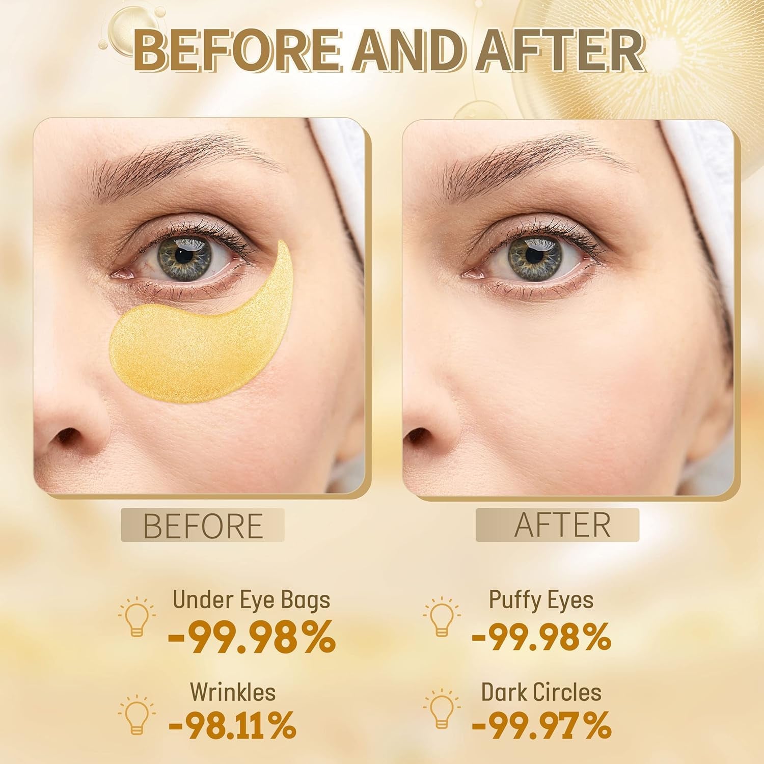 Hicream 24K Gold Collagen Eye Patches – Hyaluronic Acid for Dark Circles, Puffiness & Anti-Ageing | 30 Pairs