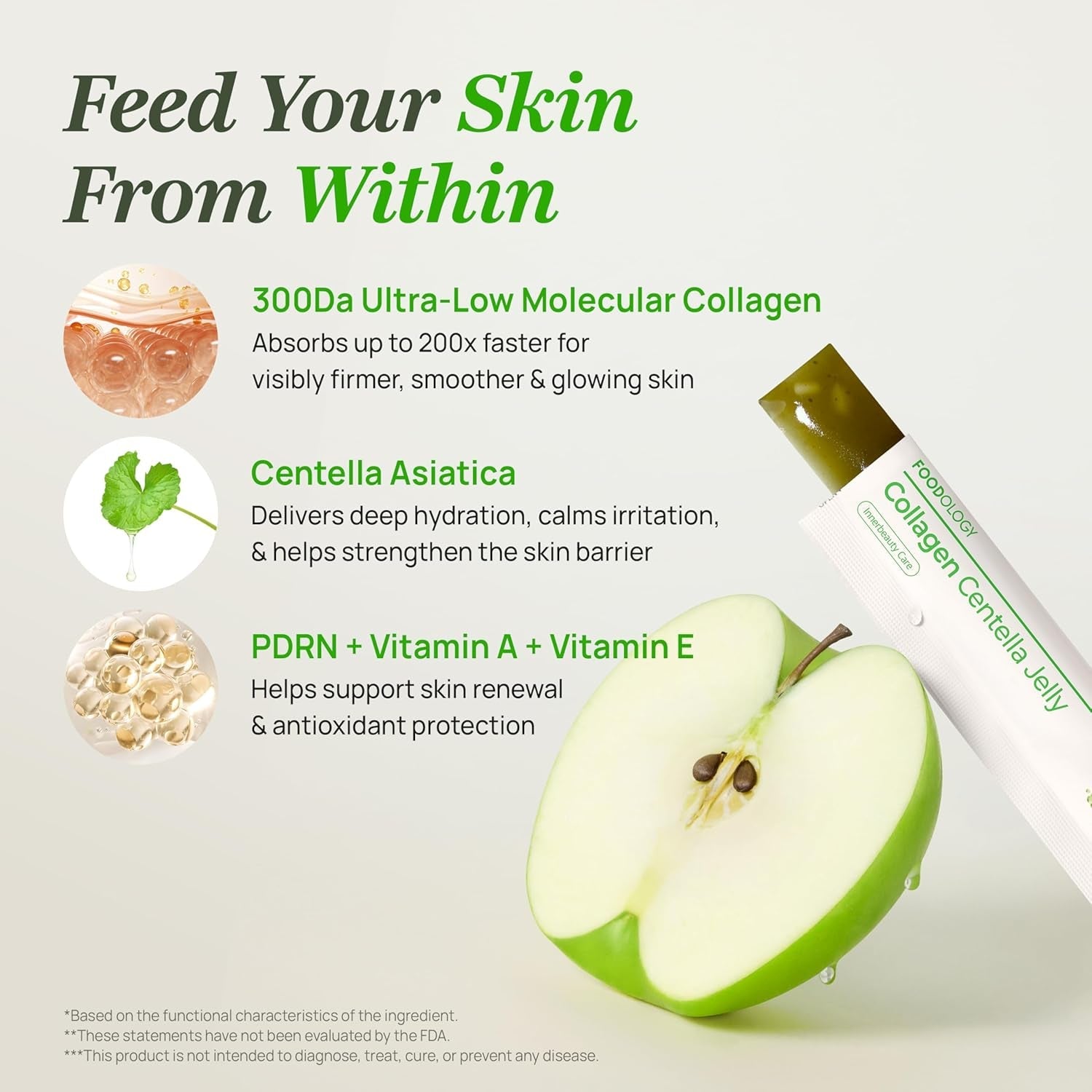 Collagen Centella Jelly – Collagen Peptide with PDRN & Centella Asiatica – Biotin, Vitamin a & E for Skin Glow, Hair & Nails – Korean Beauty Supplement (10 Counts, Green Apple)