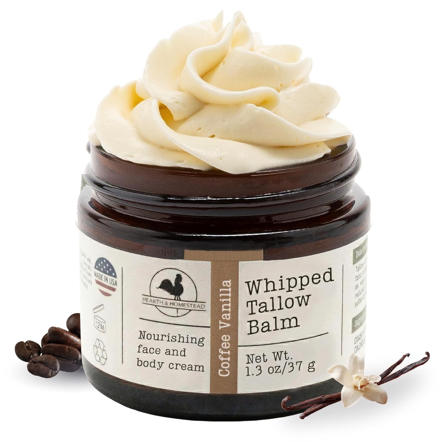 Hearth & Homestead Whipped Grass-Fed Beef Tallow Balm – 37g | Organic Olive Oil, Calendula & Rose | Coffee Vanilla | Dry Skin, Face & Body Moisturiser