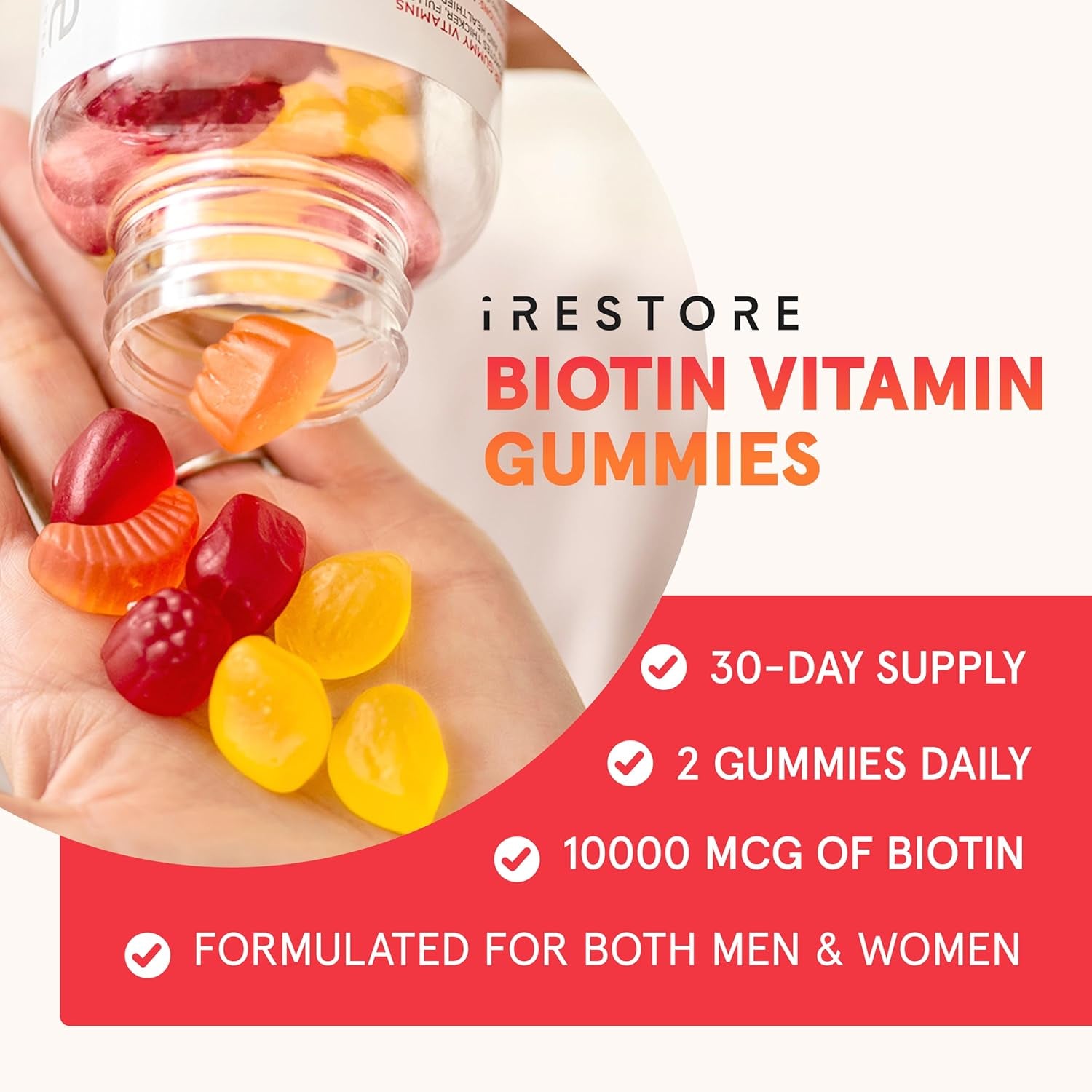 iRestore Biotin Vitamin Gummies – 60 Vegan Gummies | Hair, Skin & Nails Support with 10,000mcg Biotin + Vitamins C & E