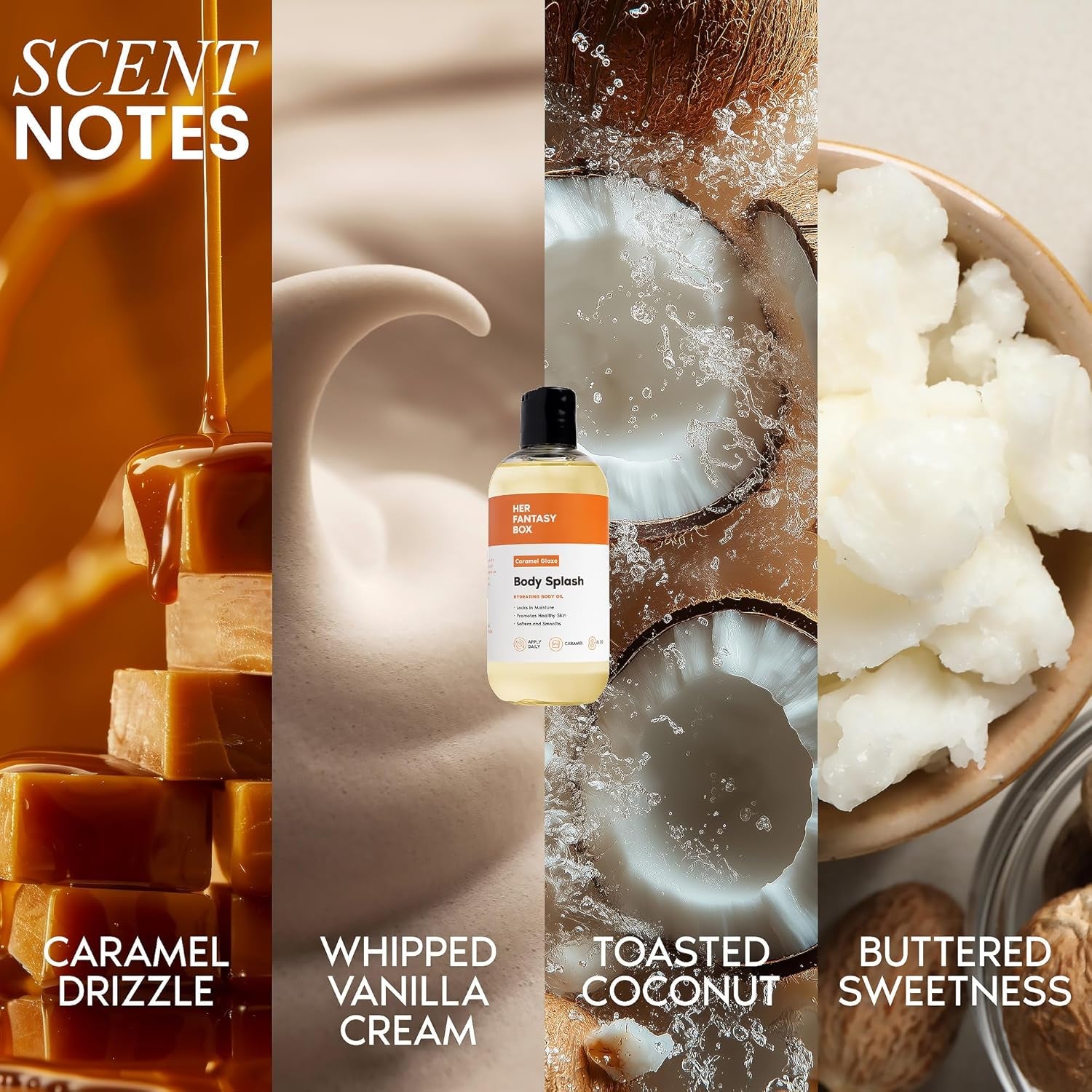 Her Fantasy Box | Body Splash Caramel Glaze Fragrance Oil – Warm Caramel & Vanilla Gourmand Scent, Lightweight Hydrating Body Oil, Vegan & Cruelty Free