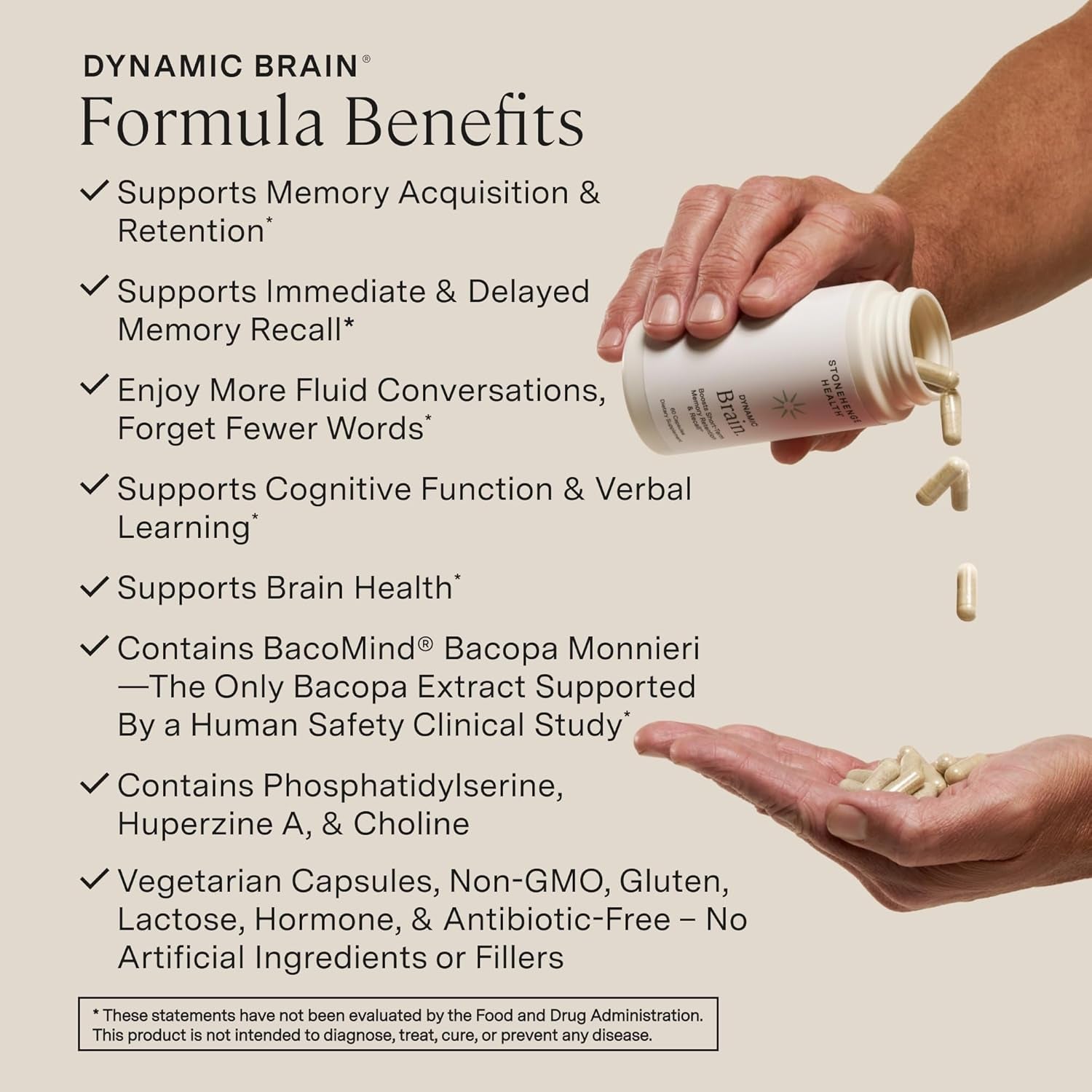 Stonehenge Health Dynamic Brain – Bacomind® Bacopa Nootropic Formula – Memory, Recall & Retention, Phosphatidylserine, Huperzine A, DHA & Choline – 40 Brain-Boosting Ingredients – Non-Gmo, 60 Caps