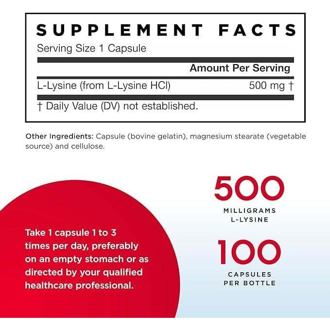 Jarrow Formulas L-Lysine 500mg, 100 Capsules – Supports Immune and Protein Synthesis