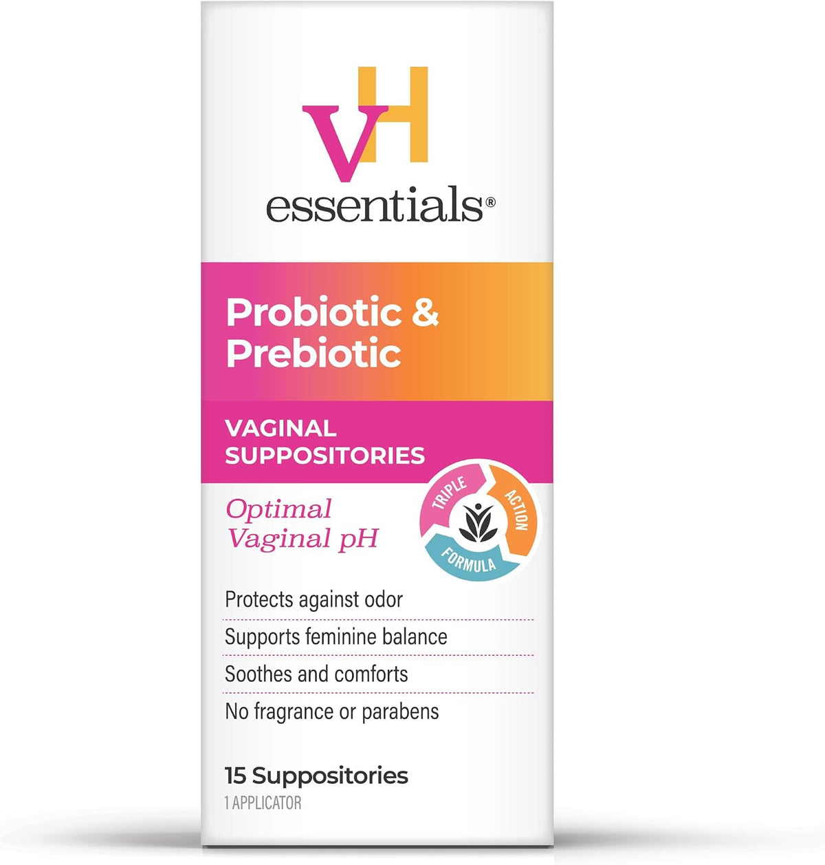 Supositorios Vaginales Prebióticos pH-Balanceados vH Essentials – Protección Natural contra Olores y Soporte para la Salud Vaginal | 15 unidades