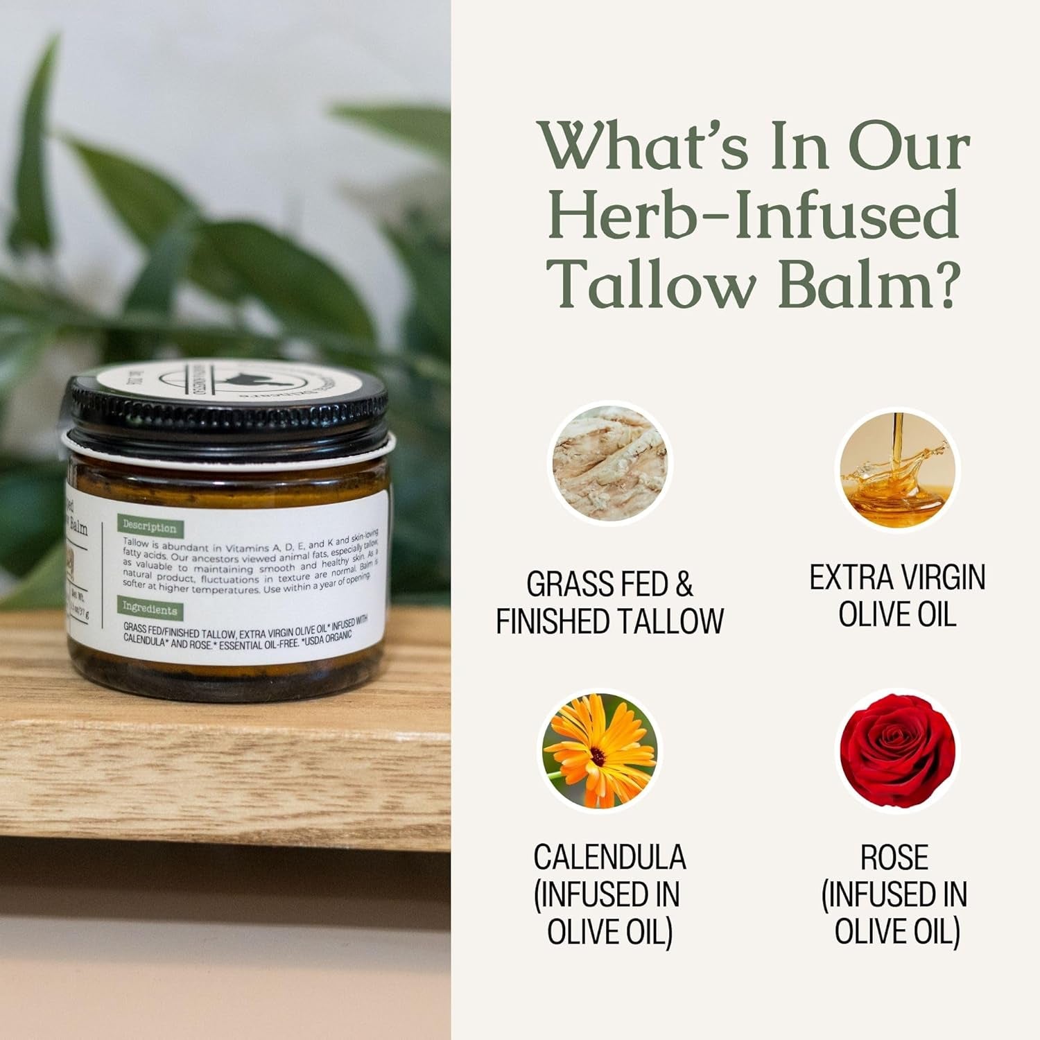 Hearth & Homestead Whipped Grass-Fed Beef Tallow Balm – 37g | Organic Olive Oil, Calendula & Rose | Unscented | Dry Skin, Face & Body Moisturiser