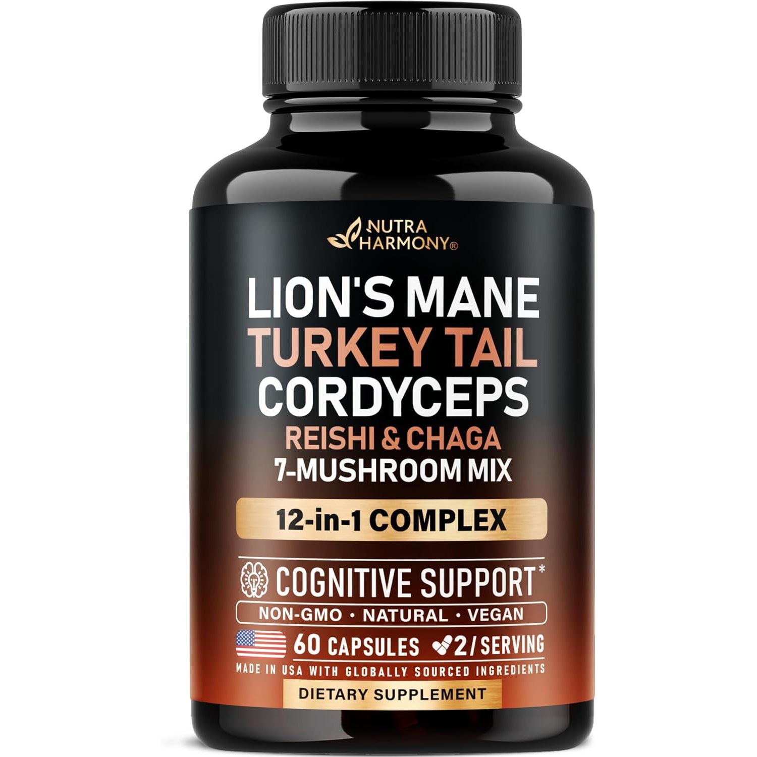 NUTRAHARMONY 12 Mushroom Complex — 60 Capsules | Cordyceps, Shiitake & 10 More | Immunity, Energy & Adaptogen Blend