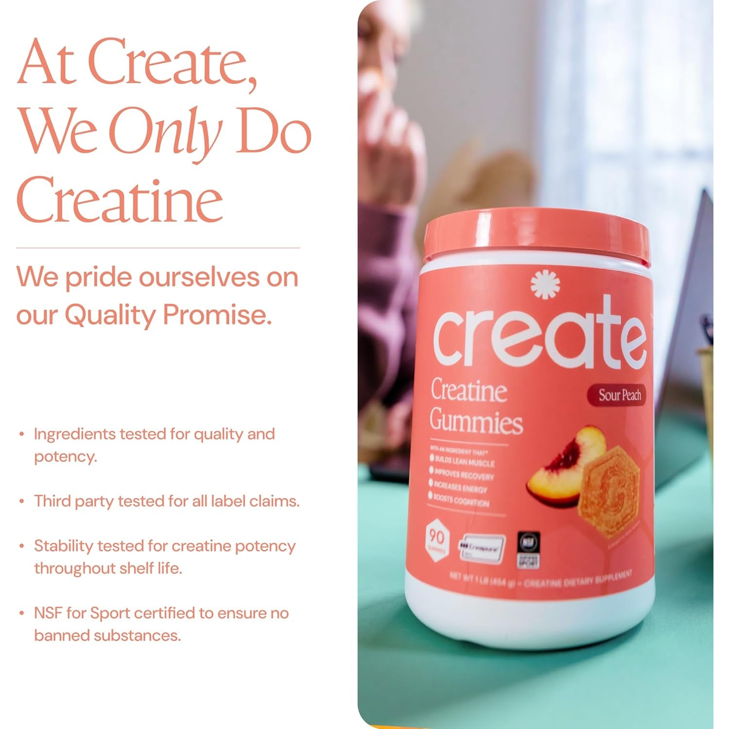 Create Creatine Monohydrate Gummies – Sour Peach | 1.5g Per Gummy | Vegan & Gluten-Free | Strength, Focus & Endurance for Men & Women