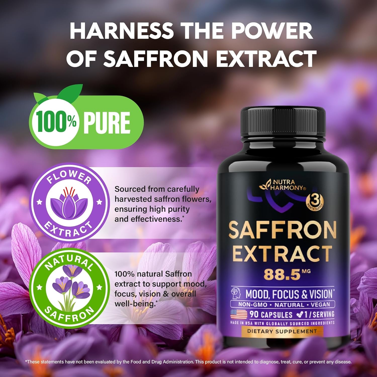 NUTRAHARMONY Pure Saffron Extract 88.5mg — 90 Capsules | 3 Month Supply | Mood, Focus, Vision & Energy Support | Eye Health for Women & Men | Vegan & Non-GMO