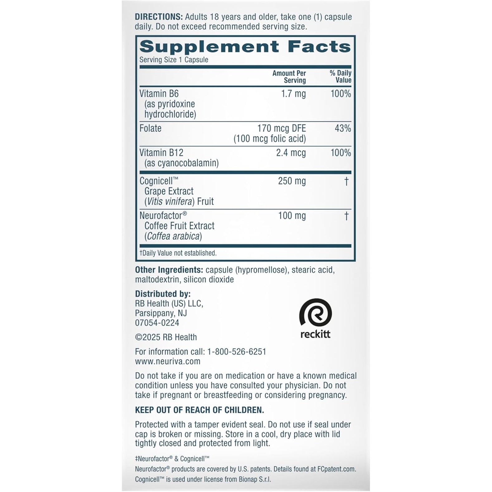 NEURIVA Memory 3D Brain Supplements for Memory and Focus, Vitamin B12 & B6, Folic Acid, 50 Count Capsules