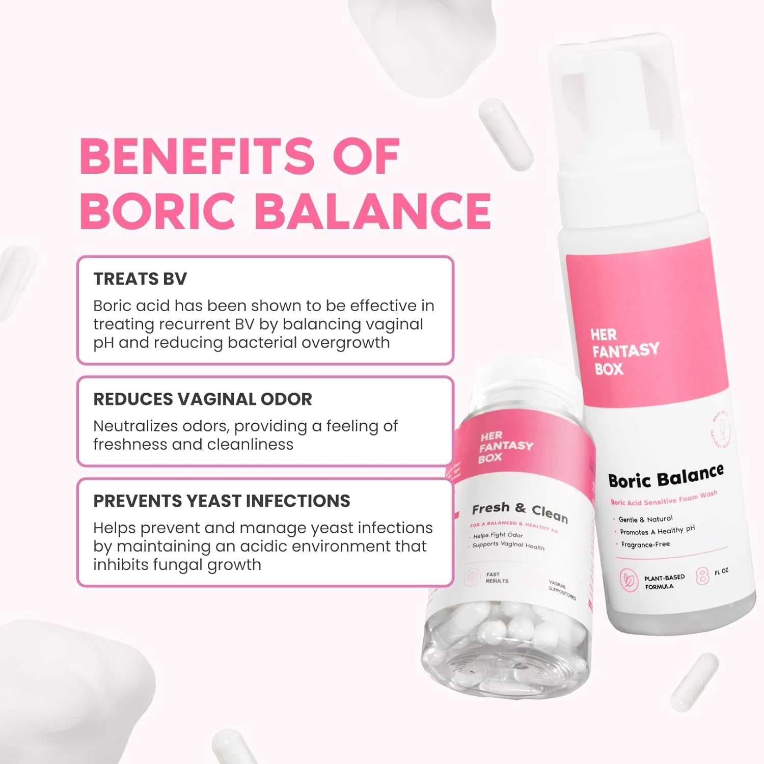 Her Fantasy Box Boric Balance Yoni Foam Wash | pH-Balancing Feminine Wash | Daily Gentle Cleansing | Odor Control & Intimate Hygiene