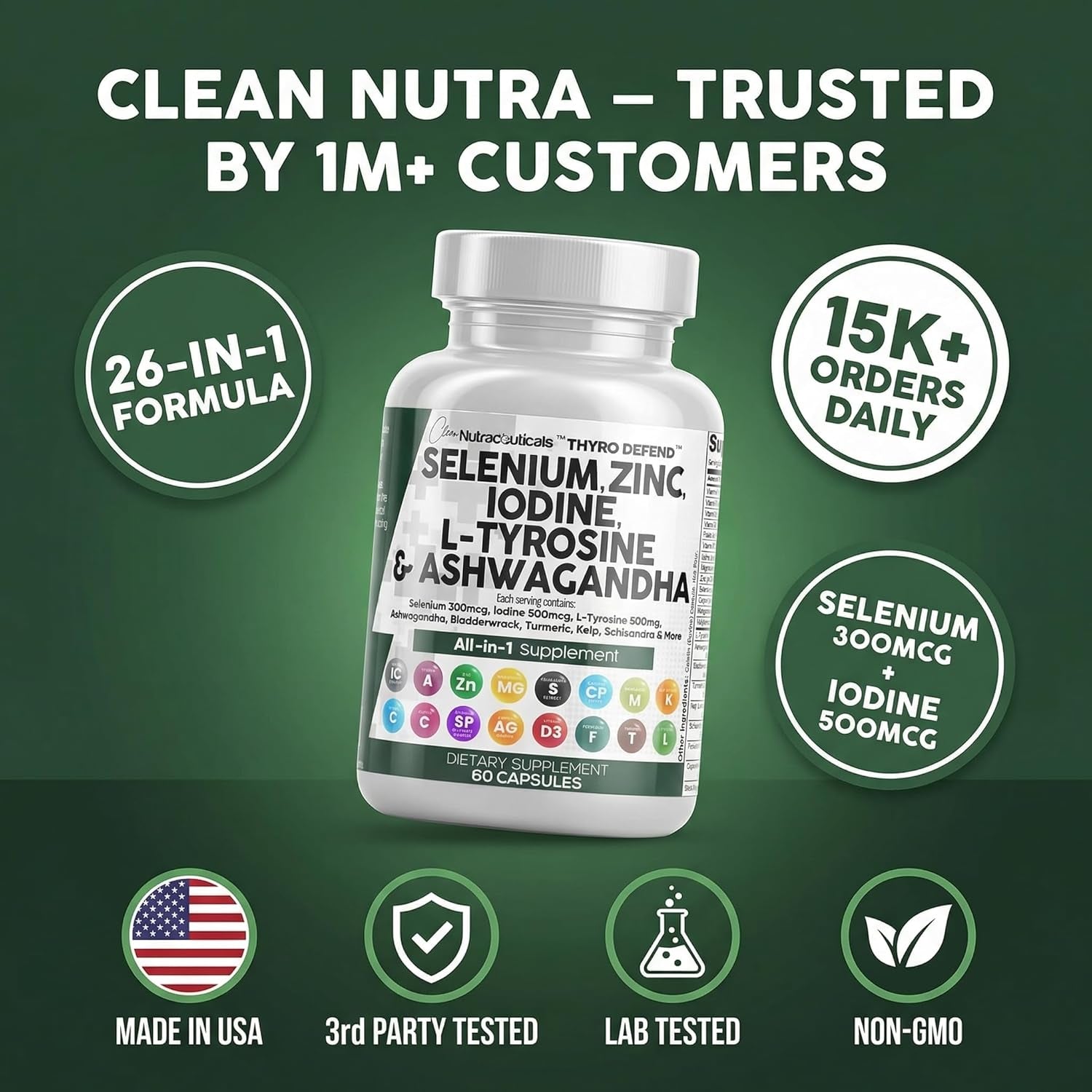 Clean Nutra Thyroid Support Complex – 60 Capsules | Selenium 300mcg, Iodine 500mcg & L-Tyrosine 500mg | Ashwagandha, Kelp, Bladderwrack, Turmeric & Zinc
