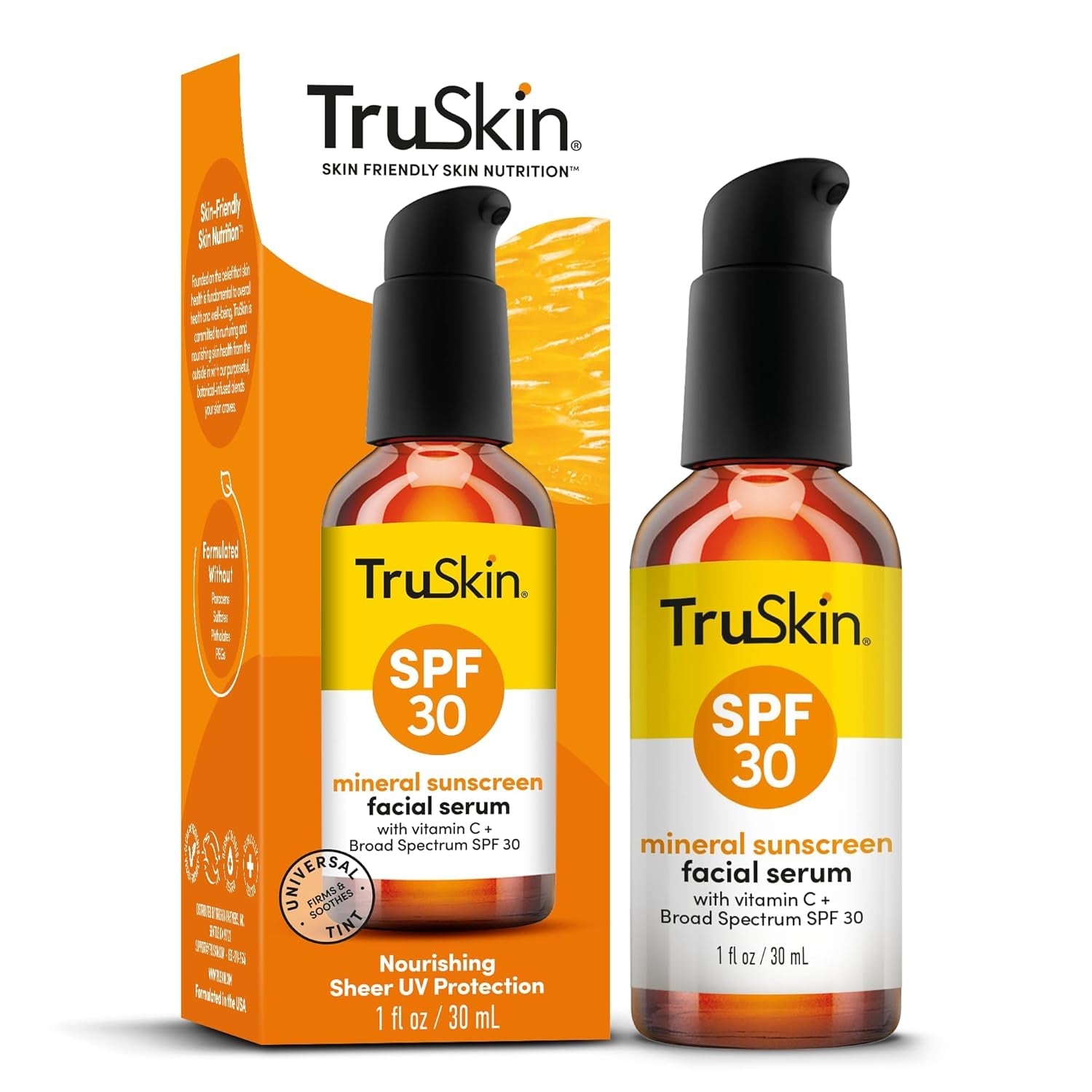 TruSkin SPF 30 Mineral Sunscreen Facial Serum – 30ml | Tinted Broad-Spectrum Sun Protection with Vitamin C & Hydration Boost