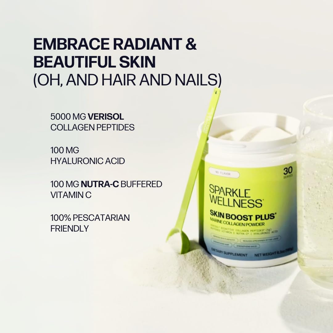 Sparkle Wellness Marine Skin Boost plus (No Flavor) [30-Serves] | Collagen Powder Supplement with Marine-Derived VERISOL Bioactive Hydrolyzed Collagen Peptides, Vitamin C & Hyaluronic Acid