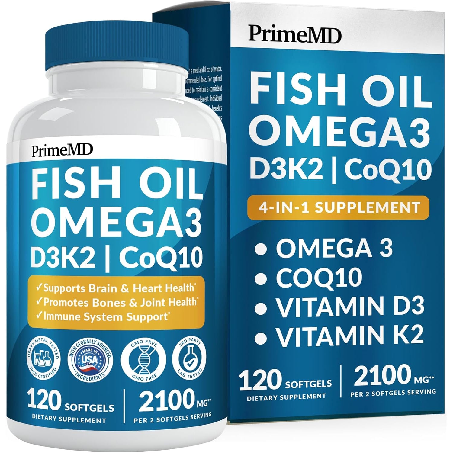 4-In-1 Fish Oil Omega 3 Fatty Supplements (2100Mg) - Omega 3 Fish Oil with Vitamins D3 K2 and Coq10 - Lemon Flavored (120 Softgels)