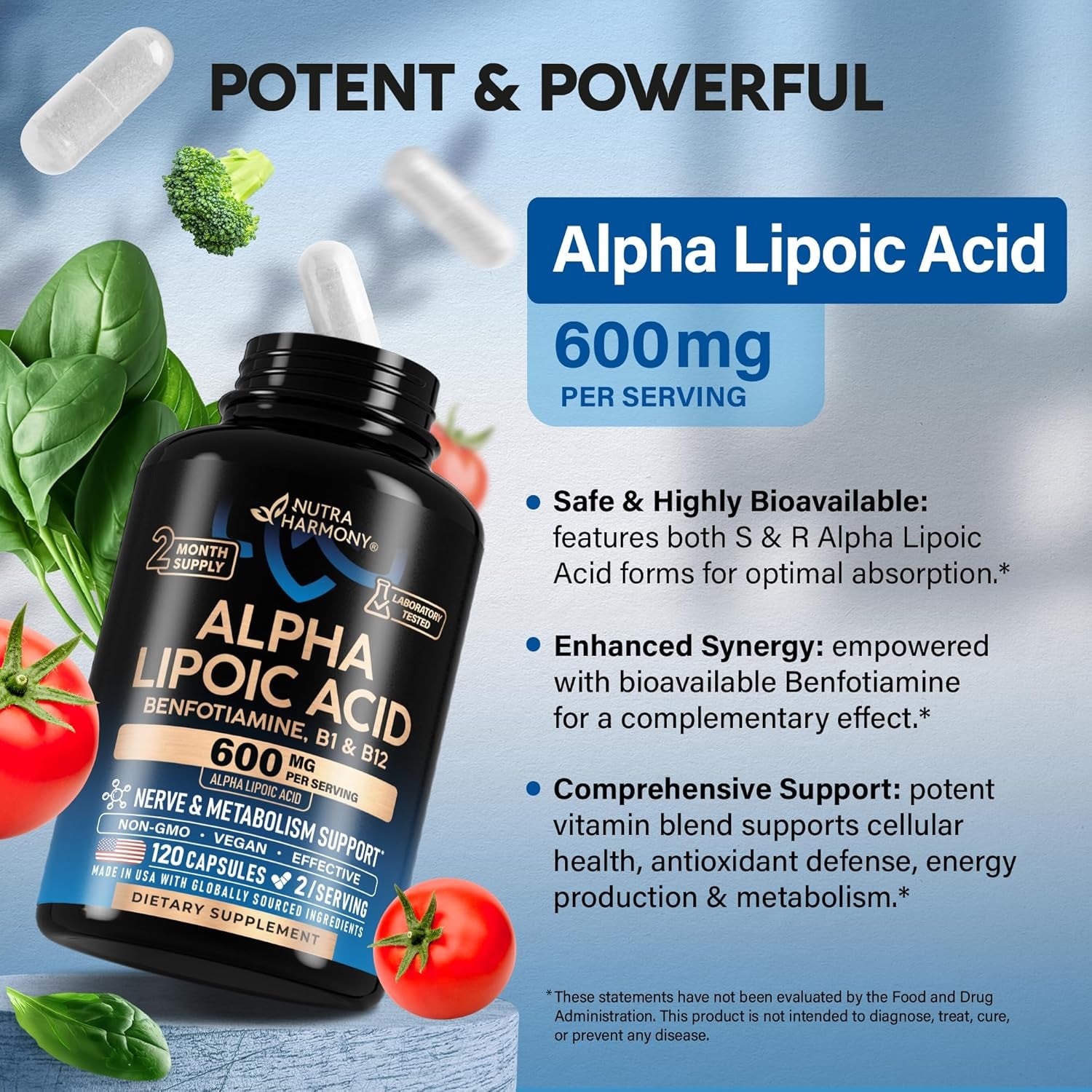 NUTRAHARMONY Alpha Lipoic Acid 600mg & Benfotiamine — 60 Capsules | Antioxidant & Nerve Health Support