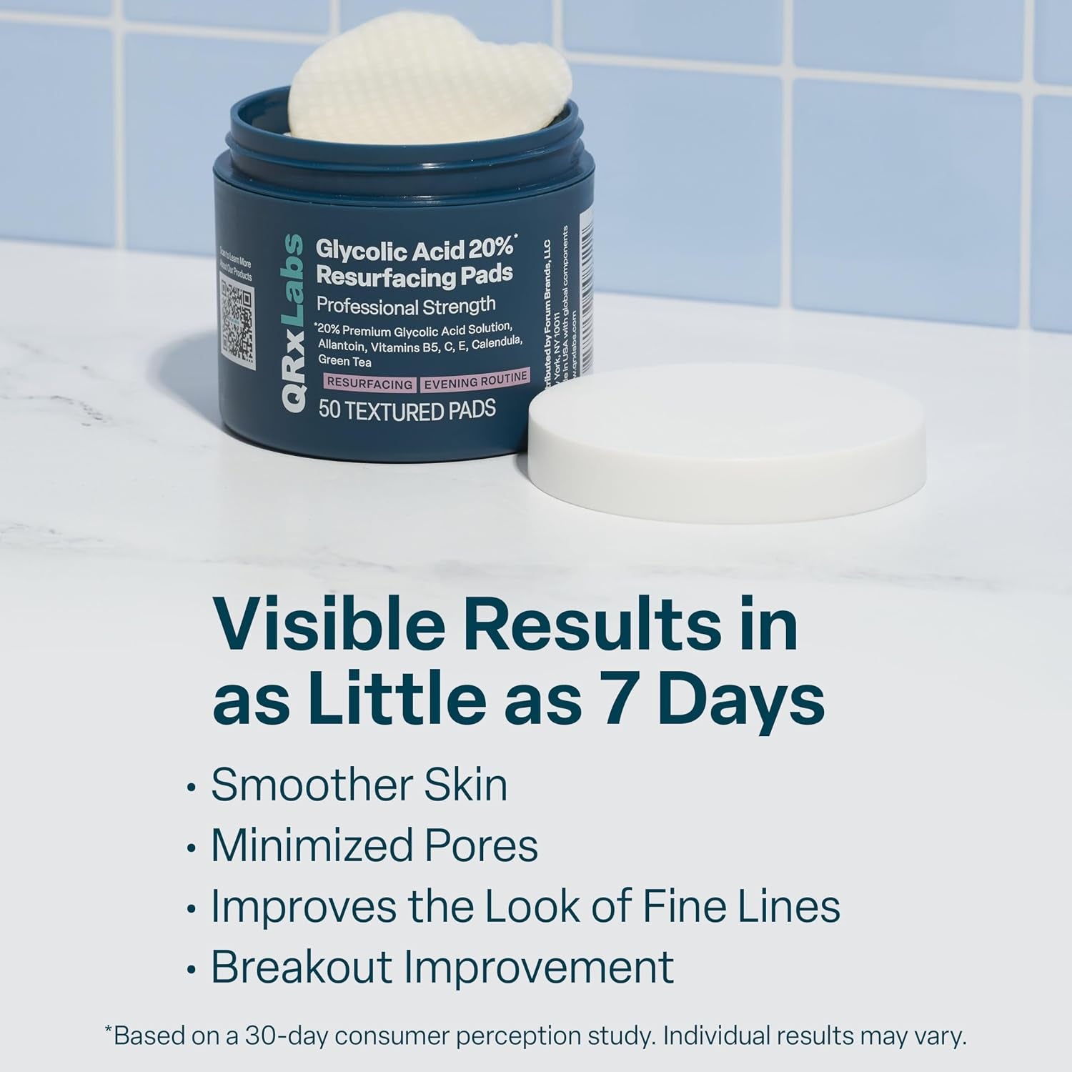 Qrxlabs Glycolic Acid Pads - 20% Resurfacing Pads AHA for Face & Body - Exfoliates Skin Surface and Reduces Appearance of Fine Lines and Wrinkles - Acne Treatment Clearing - Daily Pads - 50Ct