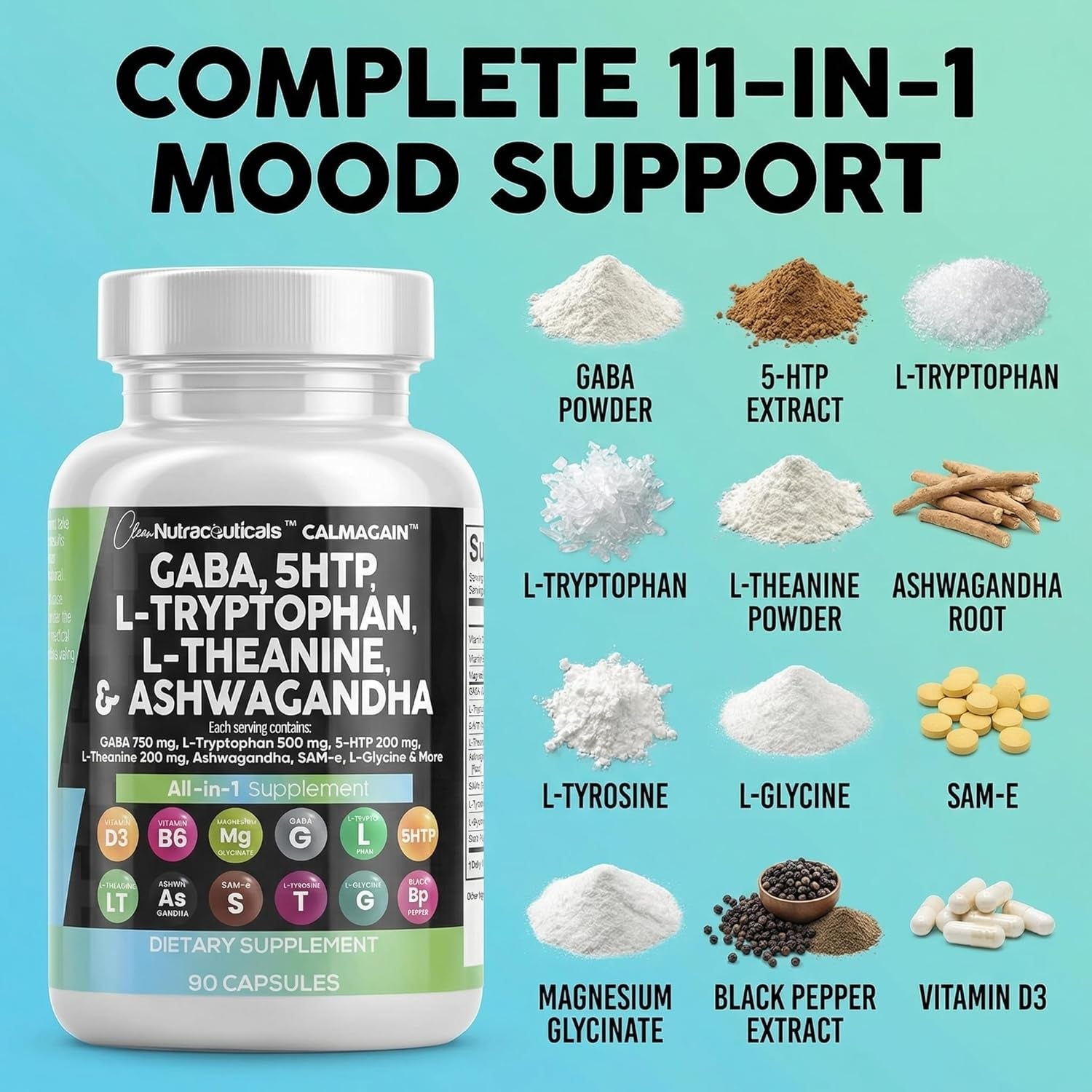 Clean Nutraceuticals CALMAGAIN All-in-One Mood & Stress Support – 60 Capsules | Calcium, Magnesium & Advanced Adaptogen Blend | Calm, Sleep & Relaxation
