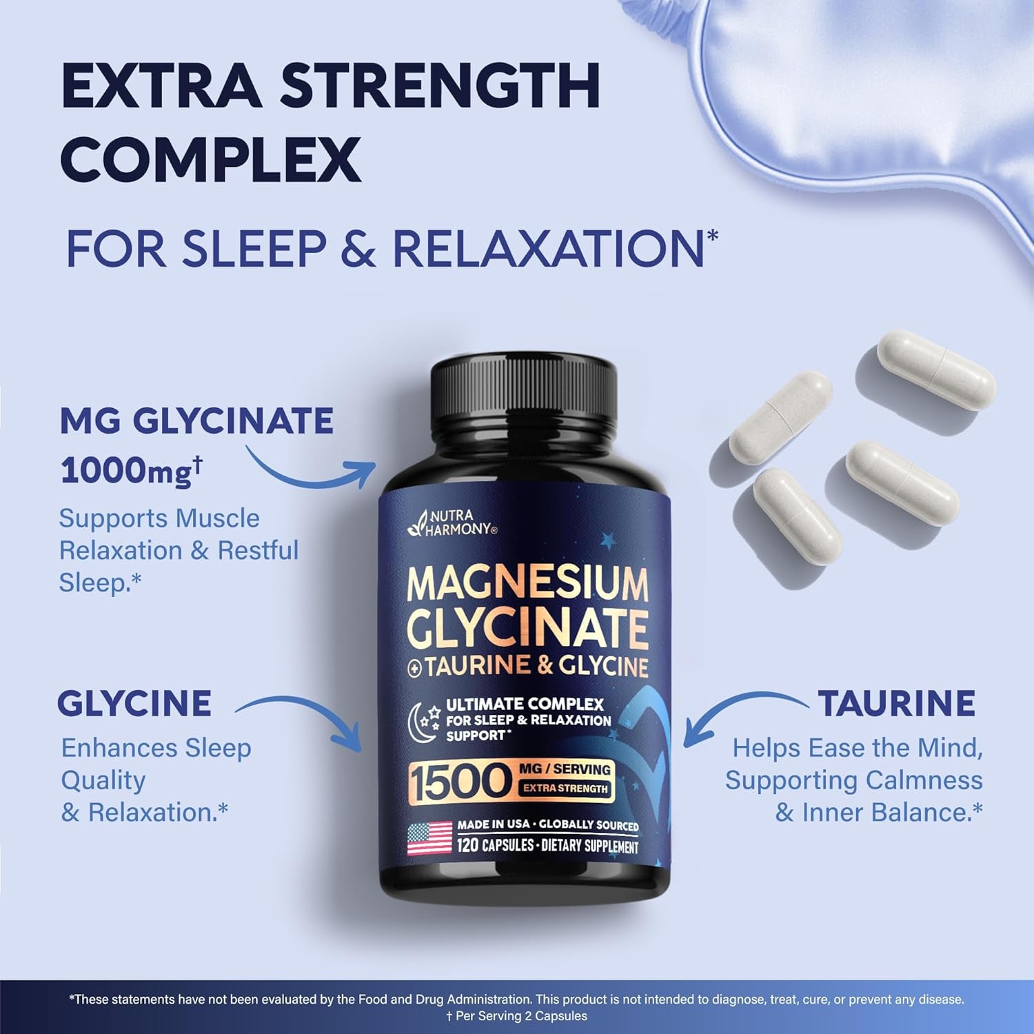 NUTRAHARMONY Magnesium Glycinate 500mg — 60 Capsules | High-Absorption Magnesium for Sleep, Relaxation & Muscle Recovery