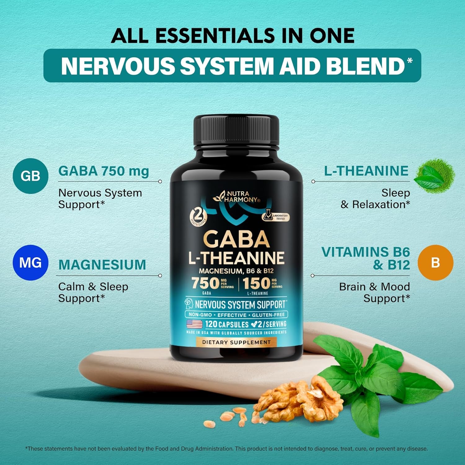 NUTRAHARMONY GABA & L-Theanine Supplement — 60 Capsules | Natural Relaxation, Calm & Sleep Quality Support