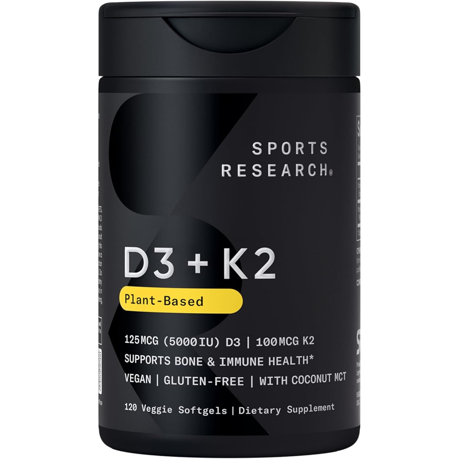 Sports Research Vitamin D3 with K2 Softgels - Plant Based K2 & Vegan D3 5000Iu with Coconut MCT Oil - Vegan Certified, Soy & Gluten Free - 120 Count