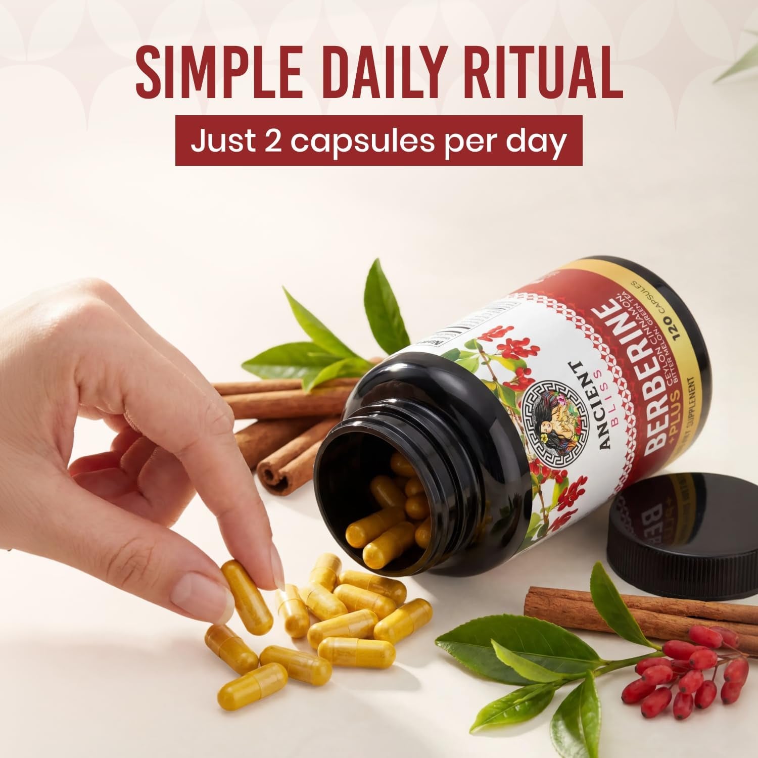 Ancient Bliss Berberine HCL 1200Mg with Ceylon Cinnamon, Bitter Melon, and Green Tea Extract - 120 Capsules