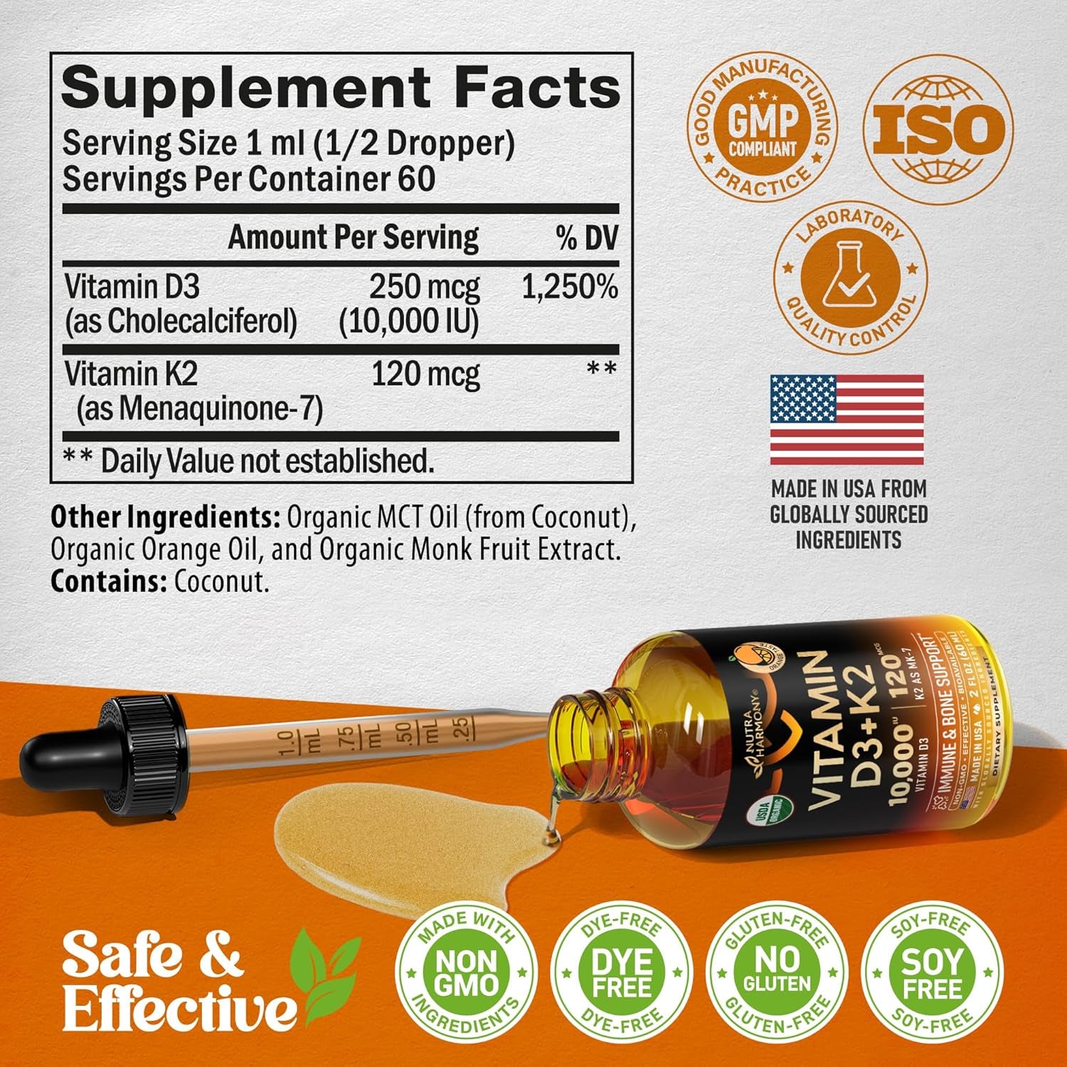 NutraHarmony Organic Vitamin D3 10,000 IU & K2 MK-7 Drops – 60ml | 60-Day Supply | Immune, Mood, Bone & Teeth Support | Sugar-Free Orange