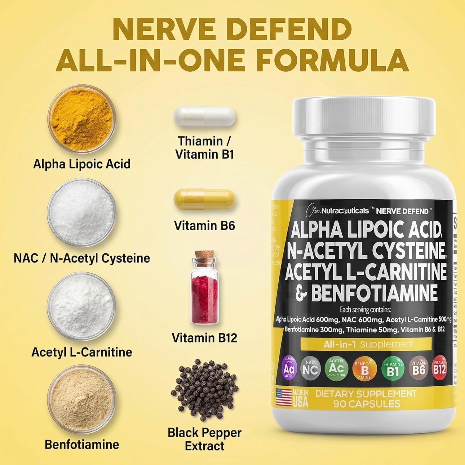 Clean Nutraceuticals Nerve Support Complex – 90 Capsules | Alpha Lipoic Acid 600mg, NAC 600mg, Acetyl L-Carnitine 500mg & Benfotiamine 300mg | Vitamins B1, B6 & B12