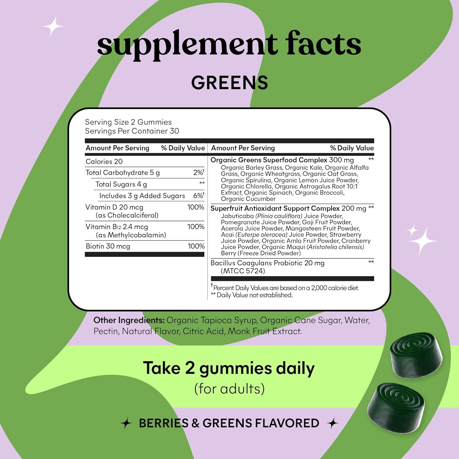 Greens Superfood Gummies W/Multi - Support Gut Health & Reduce Bloating, 20+ Organic Greens and Superfruits, Clinically Studied Probiotics, D3, B12 - Berries & Greens Flavored (60 Count)