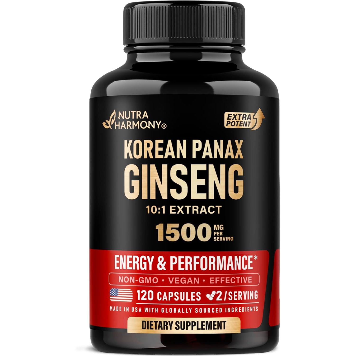NUTRAHARMONY Panax Ginseng — 120 Capsules | High-Strength Extract for Energy, Focus & Performance | Vegan
