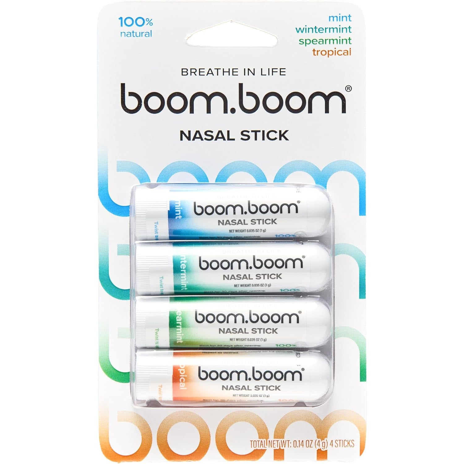 Boomboom Nasal Stick | Vapor Flow Technology | Cool Refreshing Sensation | Natural Mood Boost | Simple Ingredients | Essential Oils + Menthol Inhaler (Mint, Wintermint, Tropical, Spearmint)