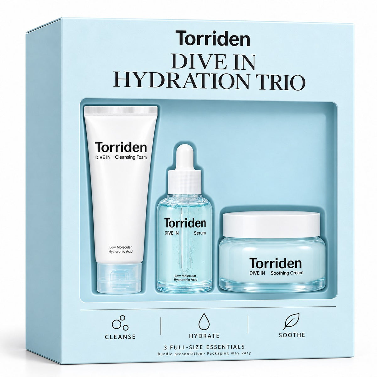 Torriden DIVE IN Hydration Trio – Cleansing Foam, Hyaluronic Serum & Soothing Cream