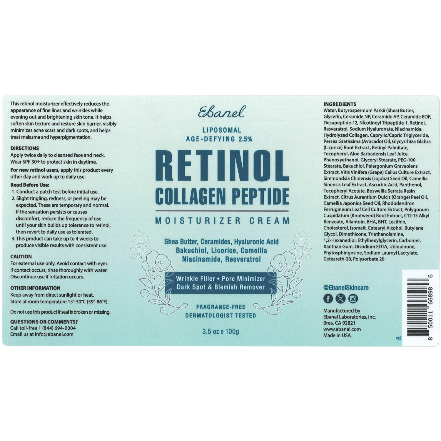 Ebanel Retinol Cream for Face 3.5 Oz, Moisturizer with Collagen, Peptides, Ceramides, Hyaluronic Acid, Vitamin C & B5, Firming anti Aging Face Cream for Wrinkles, Fine Lines, Dark Spots, Day & Night