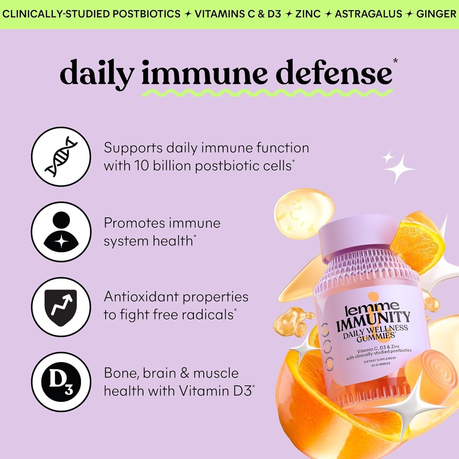 Immunity Postbiotic Gummies with Vitamin C, Vitamin D (2000 IU), Zinc, 10 Billion Postbiotic Cells, Astragalus for Immune Support - Vegetarian, Gluten Free, Sweet Orange (60 Count)
