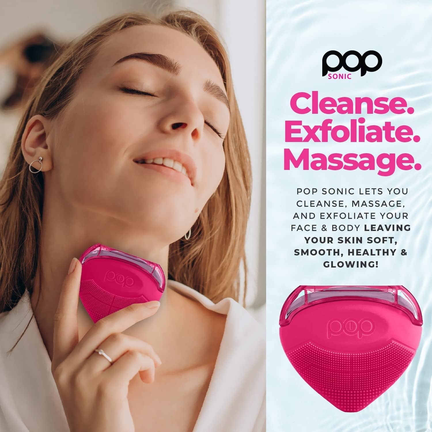 Pop Sonic Strawberry 3-in-1 Skin Exfoliating Cleanser – Pink | Cleanse, Massage & Exfoliate with 12,000 Vibrations/Min