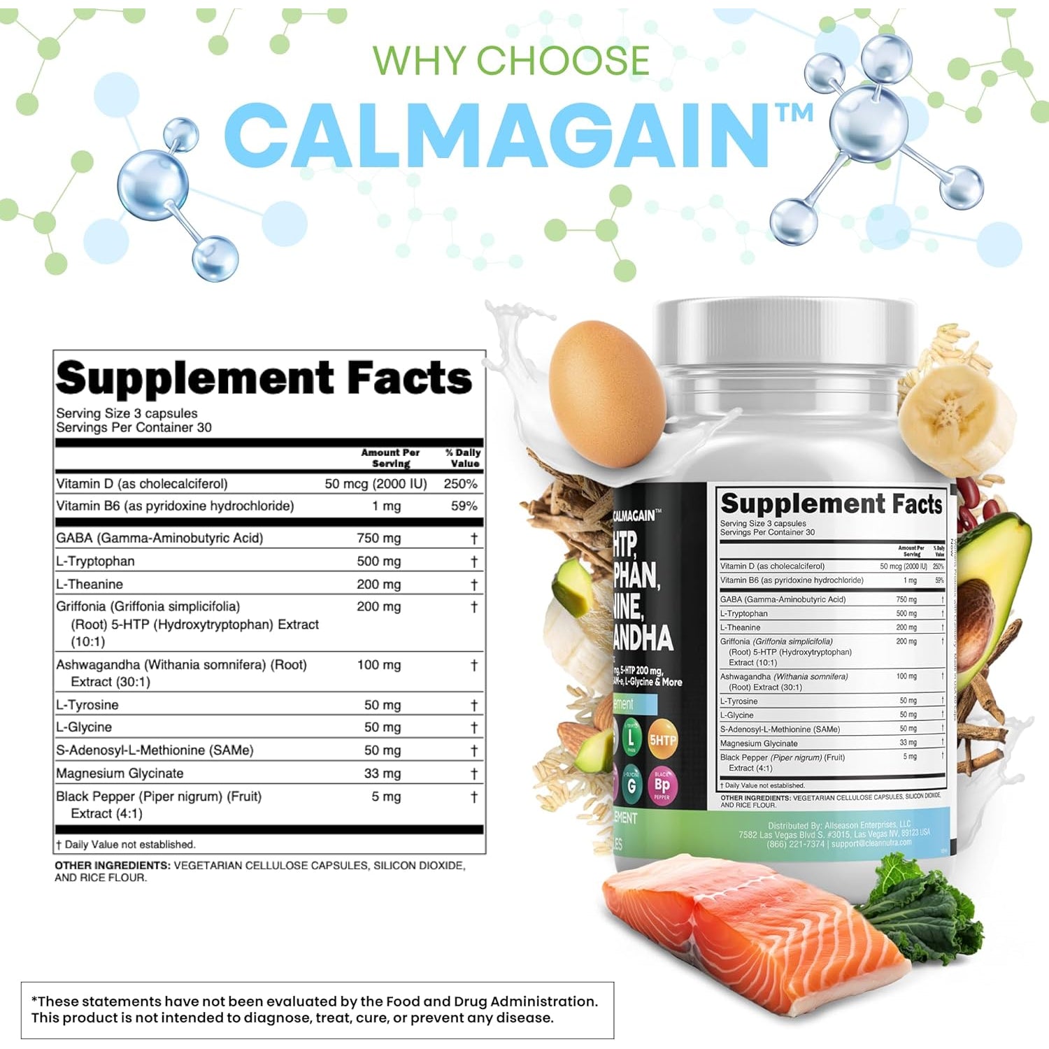 Clean Nutraceuticals CALMAGAIN All-in-One Mood & Stress Support – 60 Capsules | Calcium, Magnesium & Advanced Adaptogen Blend | Calm, Sleep & Relaxation