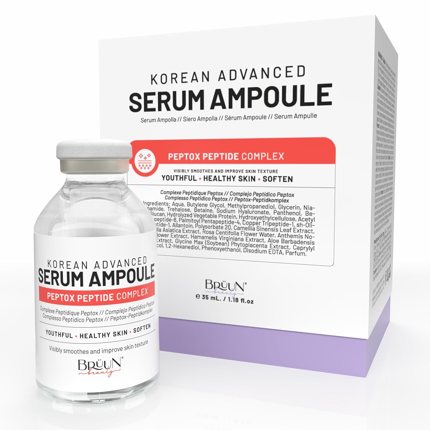 BRÜUN Peptox Peptide Facial Serum Ampoule – 35ml | Hydrating Korean Skincare for Face & Body | Use With or Without Derma Pen