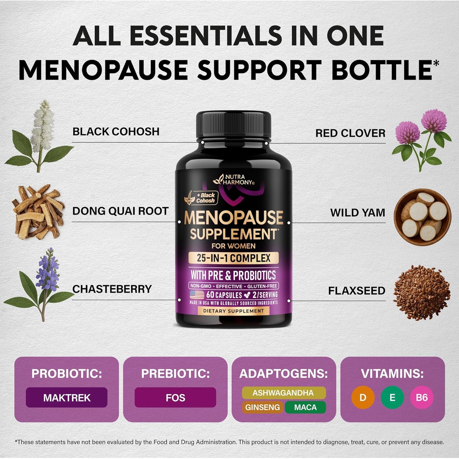NutraHarmony Menopause Supplements for Women - Dong Quai, Black Cohosh, Pre & Probiotics - Sweats & Hot Flashes Relief - Digestion, Sleep & Mood Support - 25-In-1 Perimenopause Complex - Lab Tested - 60 Capsules