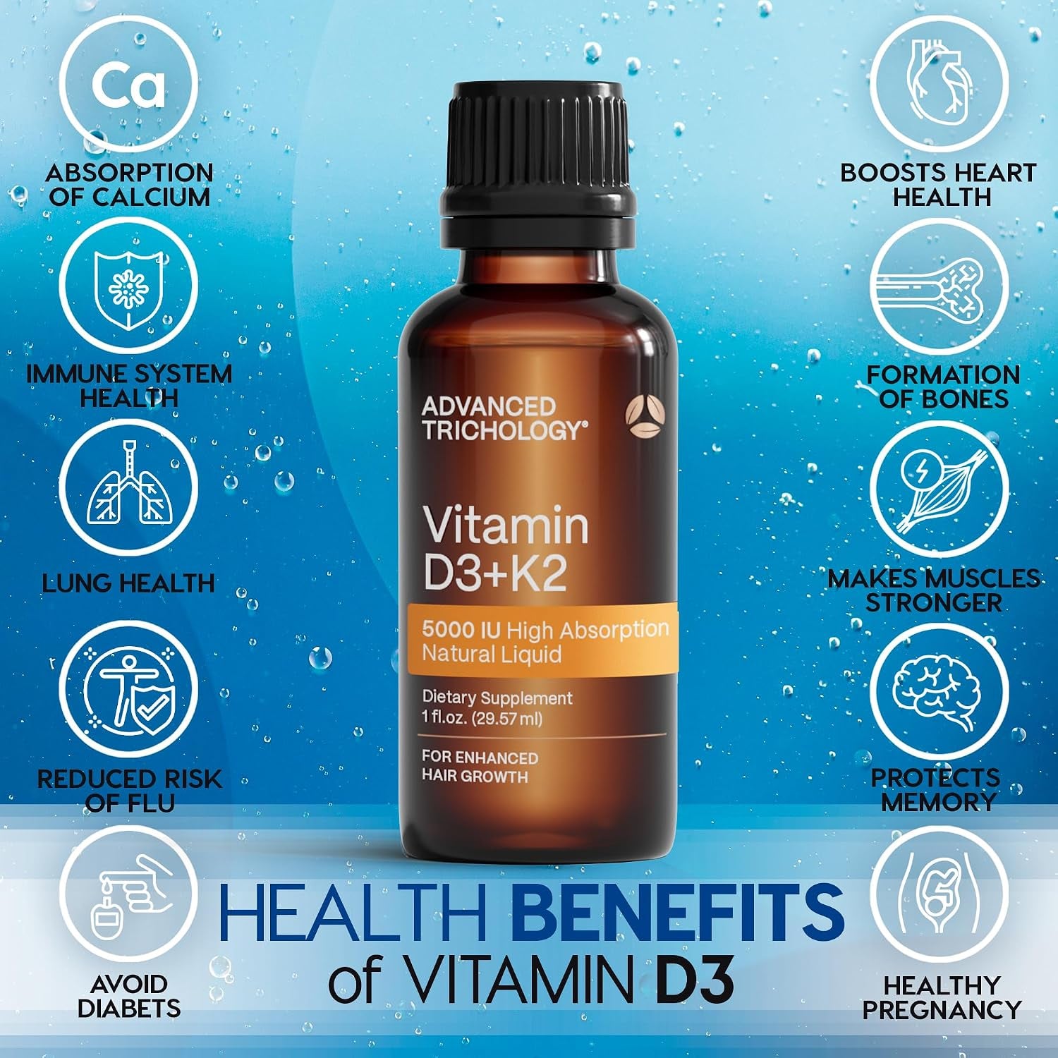 Advanced Trichology Vegetarian Liquid Vitamin D3 + K2 – 5000 IU High Absorption – 1000 IU per Drop – 6 Month Supply – Gluten Free 365 Vitamin D3 + K2 – 1 Fluid Ounce (Pack of 1)